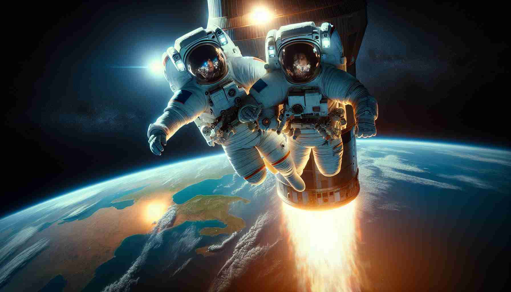 Generate a realistic, high-definition photograph of a historic space journey, featuring a safe return to Earth. It should showcase two astronauts: a Caucasian man and a Middle-Eastern woman, both wearing their full space suits and helmets, layering a sense of splendor and global unity over the triumphant moment. The astronaut's module should be lunged into Earth's atmosphere, surrounded by a fiery orange reentry blaze, with the blue and green canvas of Earth visible in the backdrop capturing the grandeur of the entire scene.