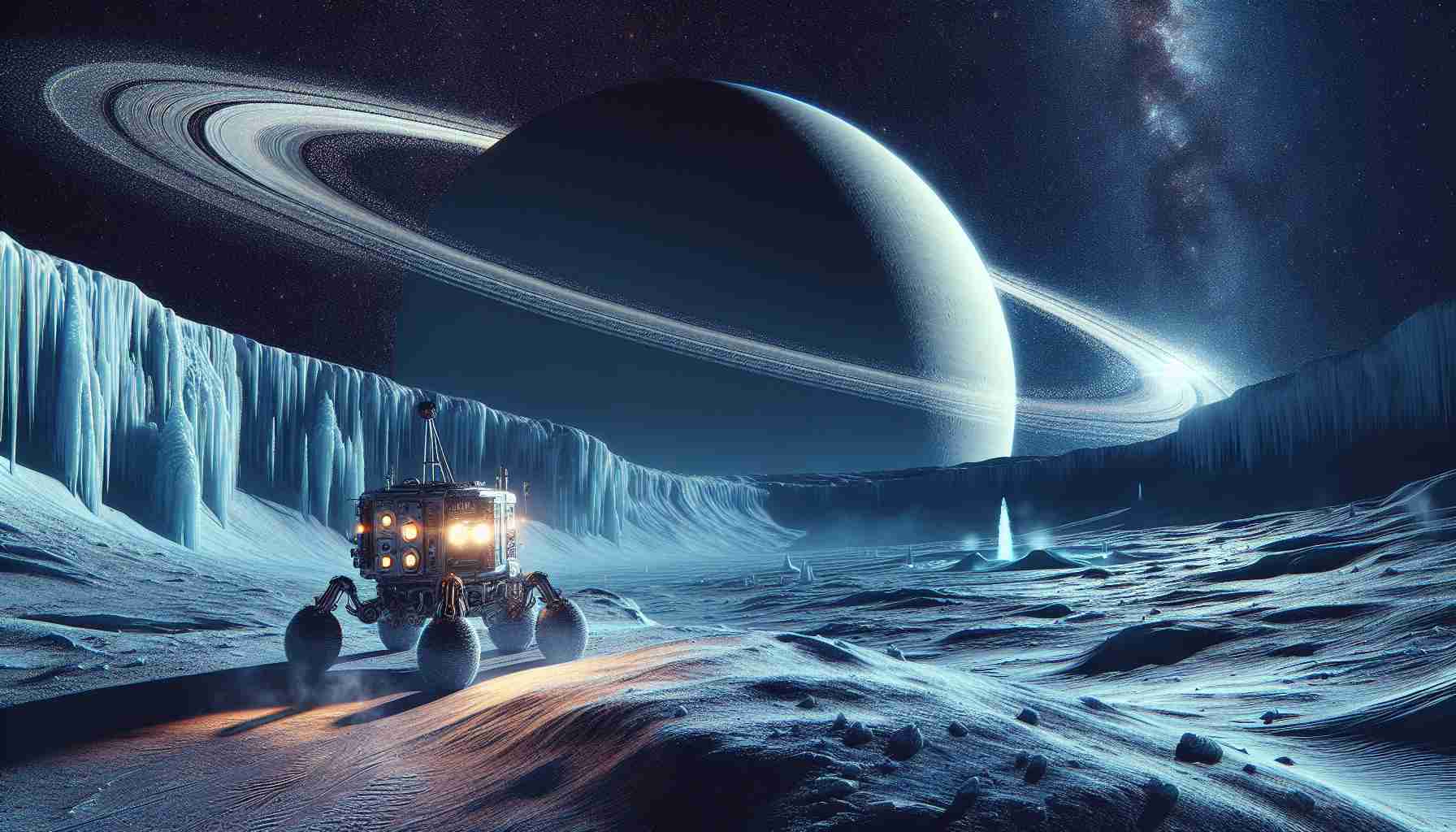 Generate a highly-detailed and realistic image depicting the exploration of the mysterious depths of Enceladus. Show a robotic exploratory vehicle making its way through the icy terrain, sending images back to a space mission control. The moon's icy surface glistens under the light of the distant Sun, and the depth of space stretches endlessly beyond. Include elements like icy geysers erupting in the distance, a deep crater nearby, and the outline of Saturn faintly visible in the dark skies above. Saturn's rings should also be visible, glittering like a halo around the planet.