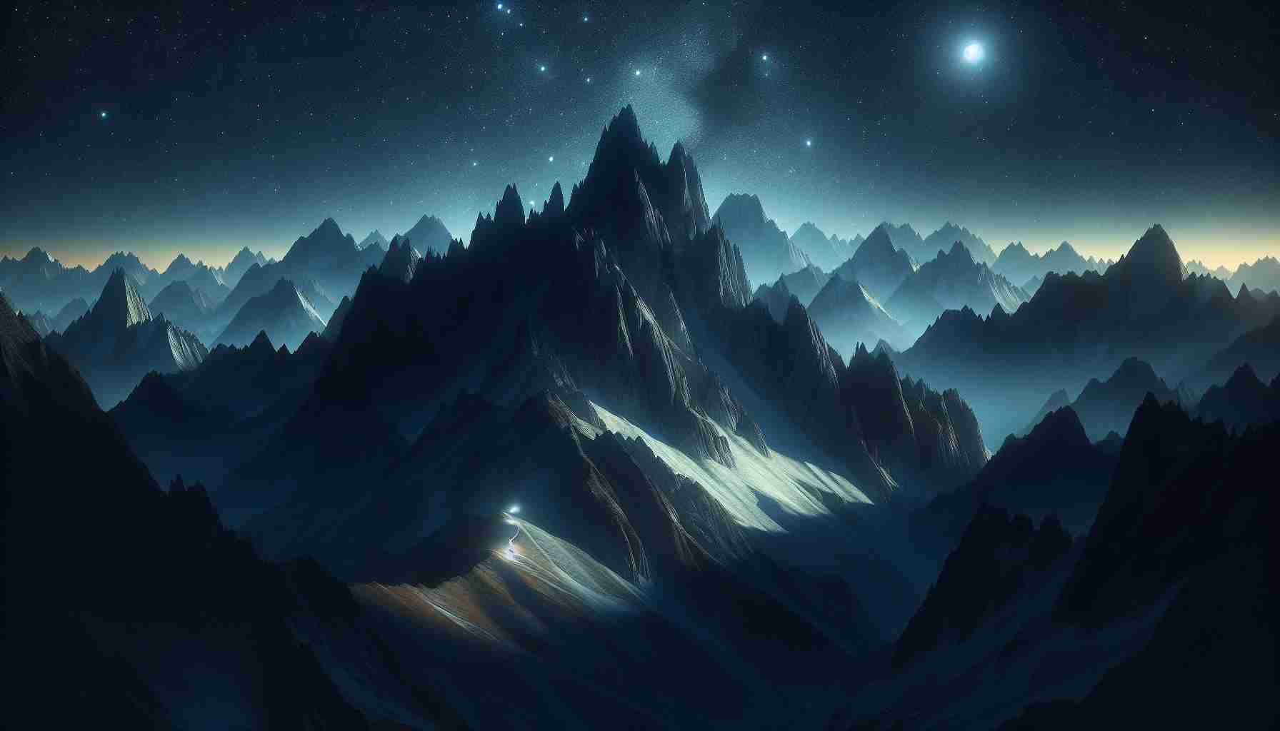 High-definition, realistic image of a mountain under the cover of midnight. The moon is providing a dim, ethereal light over the mountain peaks, slightly illuminating the craggy surfaces. Stars are dotted across the vast expanse of the sky, their twinkle adding to the mystery of the scene. A small illuminated path leads up to the summit, as if inviting the viewer to unlock the mountain's secrets. Shadows play a dramatic role in the scene, adding depth and increasing the sense of mystery surrounding this sublime landscape.