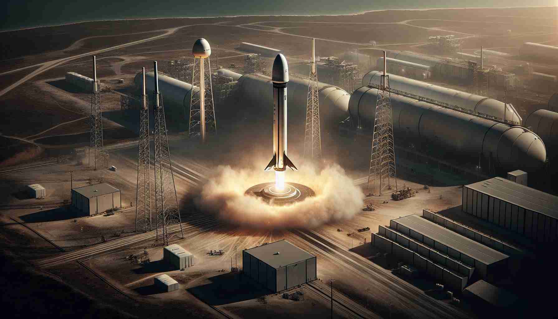 Generate a high-definition, realistic image that showcases SpaceX's Starship Booster. The focus in the image is the successful return and landing back at the launch site. The booster should be in the center, and the surrounding area should include the structures and machinery of the launch site. One can see smoke and steam around the booster indicating the recent ignition and landing. It is a day time setting with a clear blue sky.