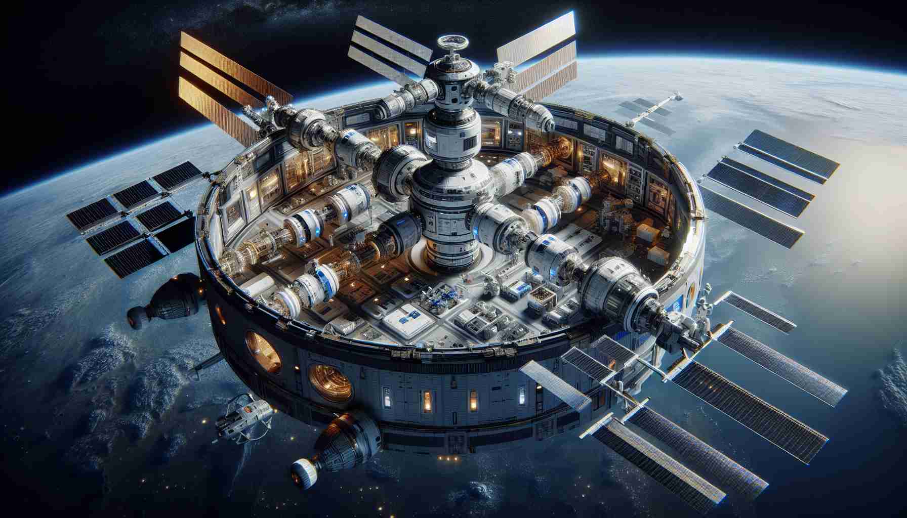 A detailed, realistic high-definition photo illustrating innovative solutions aimed at enhancing the safety of a space station. The picture could include some futuristic technology, like advanced fire suppression systems, intelligent robotic maintenance units, and improved cosmic radiation shielding, all working in harmony within the closed confines of the space habitat. The space station itself situated seamlessly against the backdrop of the calm, infinite expanse of space.