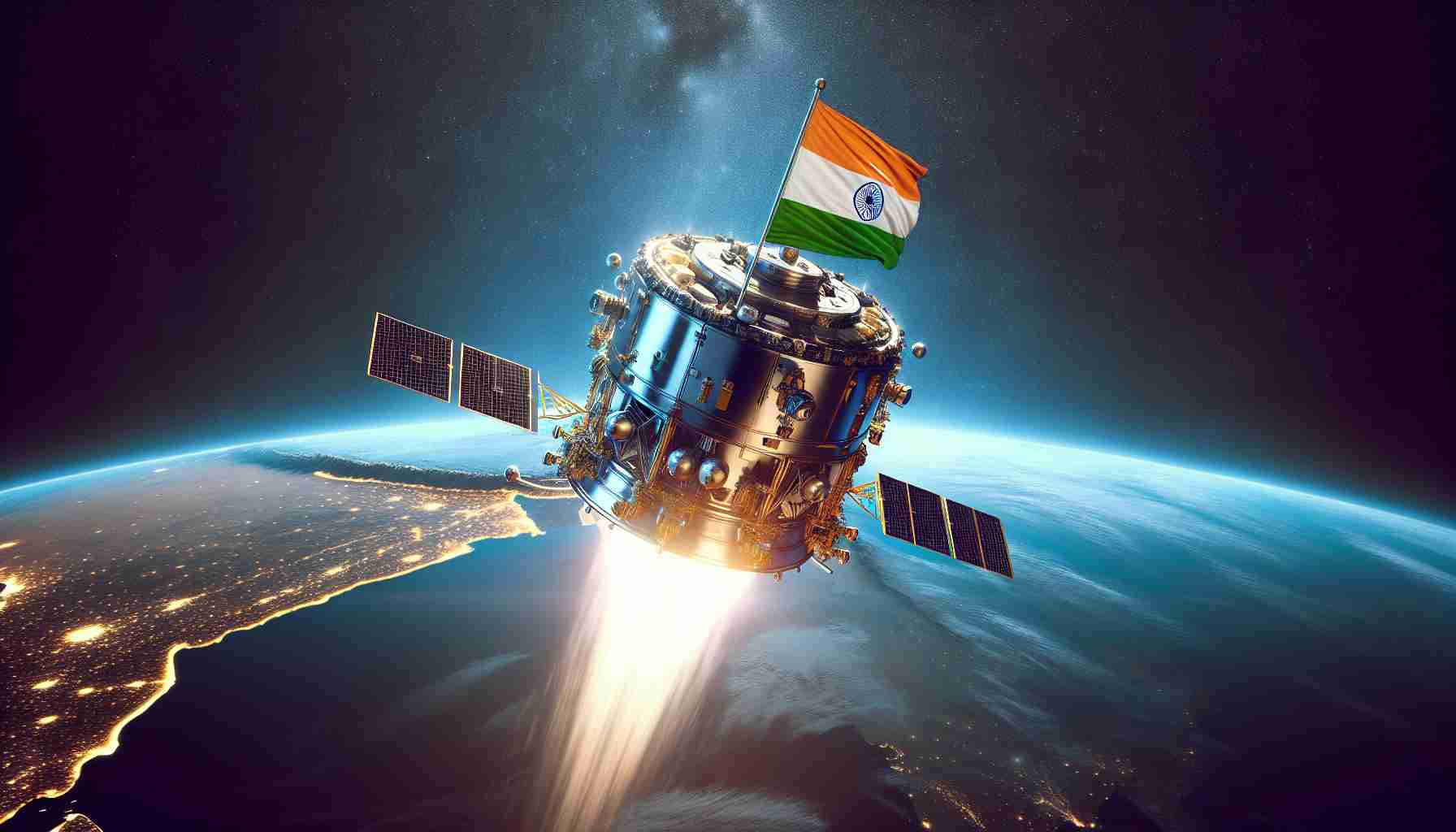 A realistic, high-definition image showcasing a notable achievement in the sphere of space research by India. It can be depicted as a magnificent satellite or rover, mid-launch into the abyss of space, with the iconic Indian flag adorning it. The backdrop should be a clear, starlit sky, signifying the reach and advances of Indian space research.