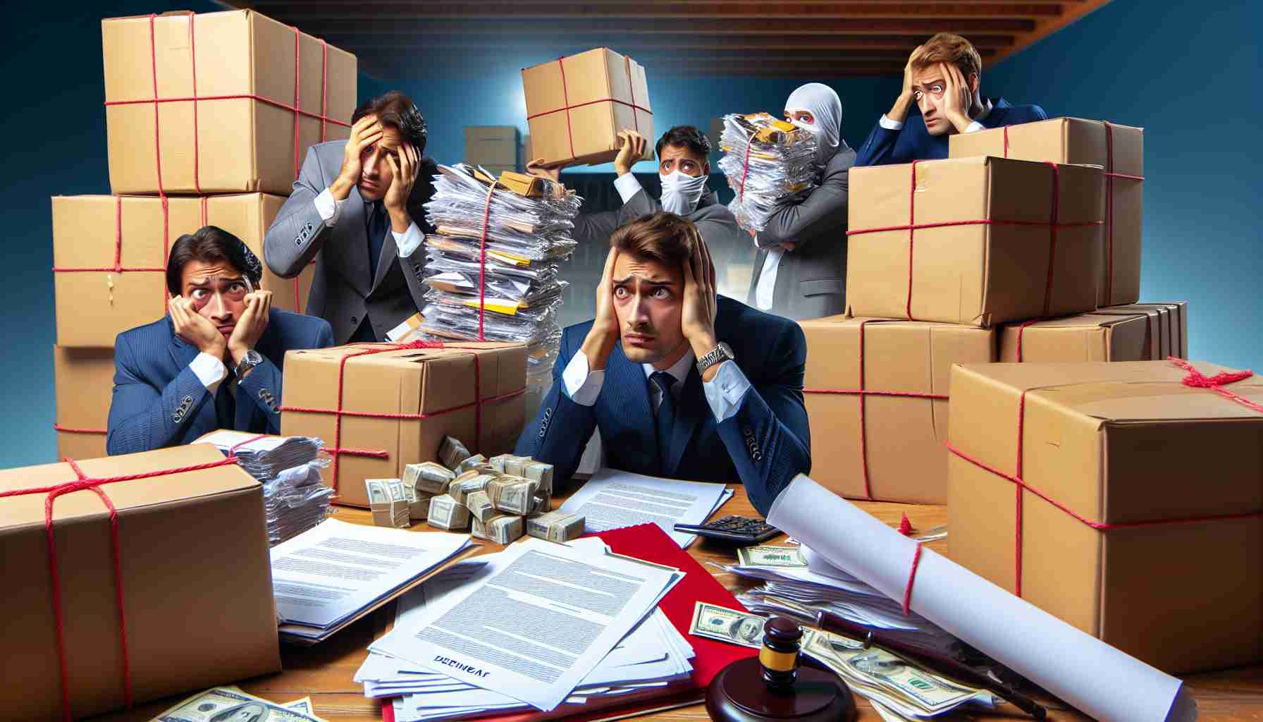 A high definition image of a controversial giveaway initiated by a notable tech entrepreneur, which has led to legal concerns. The picture shows bundles of prizes, legal documents scattered nearby and worried expressions on the faces of the entrepreneur's team.