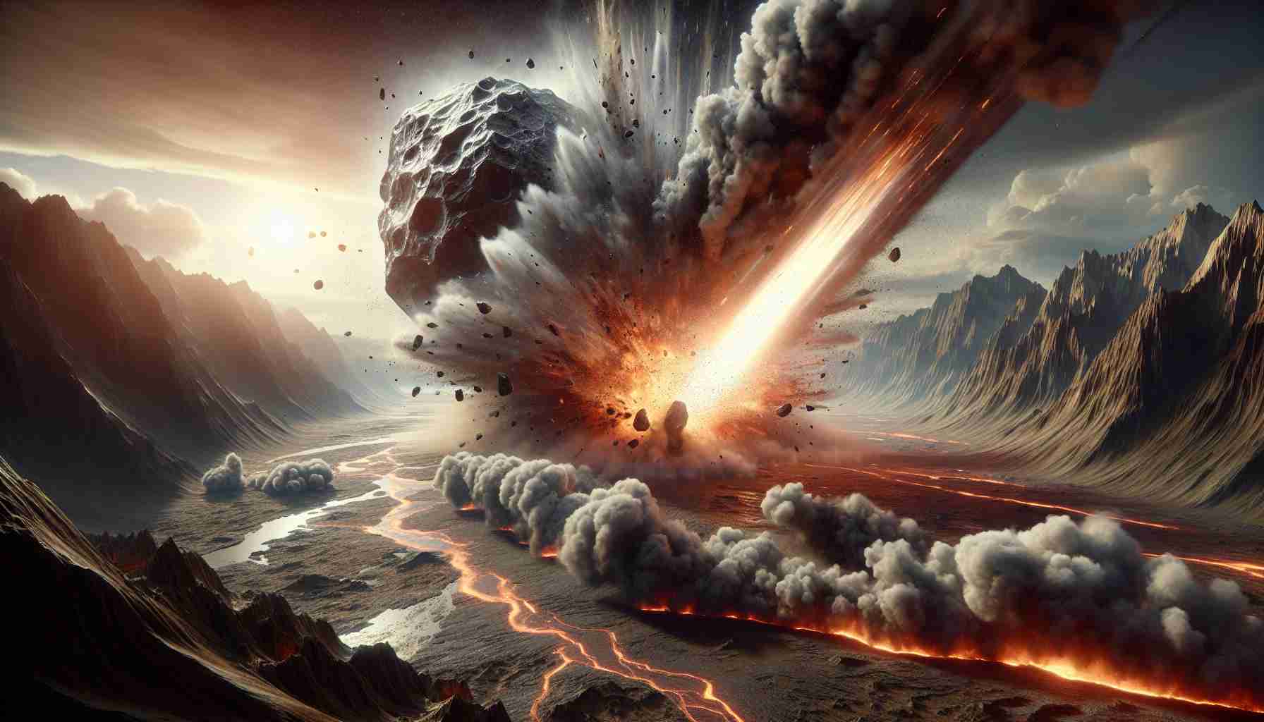 Depict a realistic HD image of a large meteorite impacting early Earth. The scene is dramatic and intensely dynamic. Smoke and magma spew into the air as the meteorite plunges with immense force, shattering and vaporizing rocks on impact. The expanses of primeval desolate landscapes witness this catastrophic event. Torrents of lava flow and smoke clouds obstruct the sun, casting an ominous shadow across the terrain. This event is one of the pivotal turning points in Earth's ancient history.