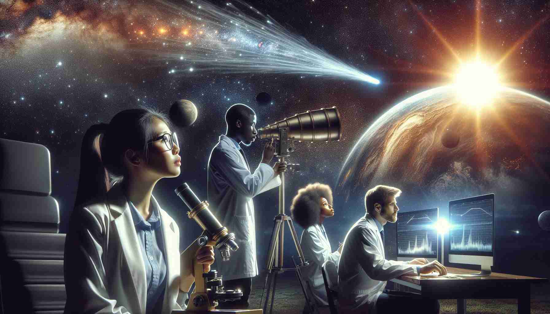 Produce an High Definition image showcasing a rare celestial event where a radiant comet passes by Earth. The skies are illumined with its passage, and foreground is occupied by a group of scientists - a South Asian woman with her spectrographic equipment, an African man checking readouts on his computer, and a Caucasian man adjusting a giant telescope. They are gazing up at the happening, their faces illuminated by the comet's glow.