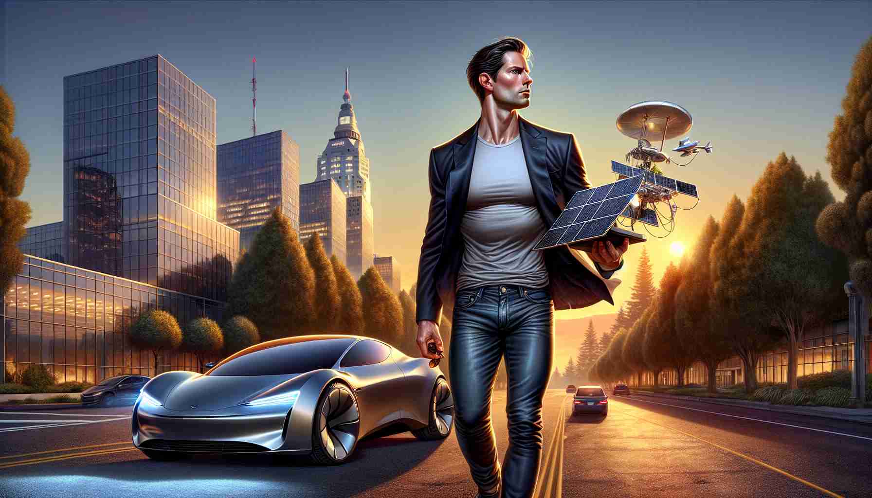 A detailed, high-definition depiction of an inspiring journey of a prominent entrepreneur away from California. This journey includes leaving his grandiose tech company building located amidst the silicon valley, heading into the sunset in a sleek electric vehicle, carrying a look of determination and ambition on his face. His physique is slim, and he's in semi-formal attire - a dark-colored blazer over a simple t-shirt, with jeans and casual shoes. To encapsulate his identity without revealing it, his hand is holding a model of a futuristic spaceship, symbolizing his passion for cosmic exploration.