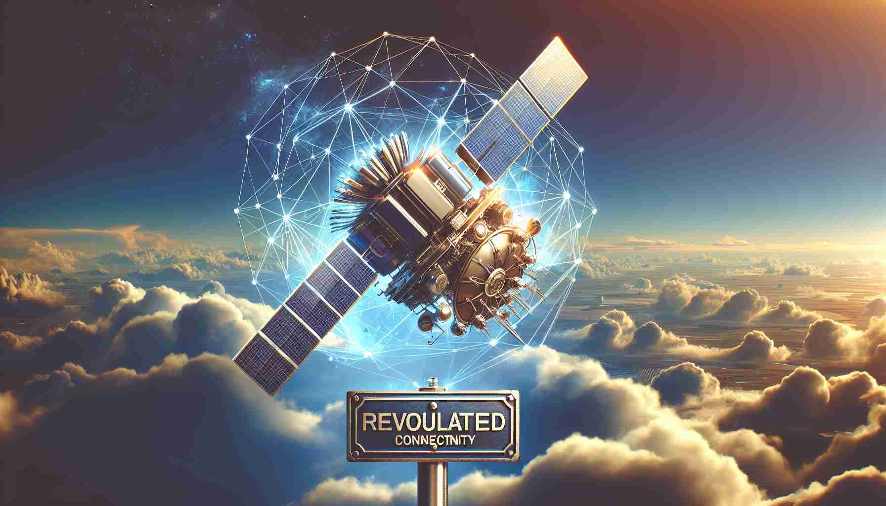 Produce a realistic, high-definition image showcasing the concept of revolutionized connectivity. This can be represented through an array of advanced, futuristic satellite technology dispersed against the backdrop of an open sky. Note an emblematic sign indicating 'Bold Satellite Ventures'. The satellite should depict progressive design elements, communicating the essence of forward-thinking and pioneering spirit in telecommunications.