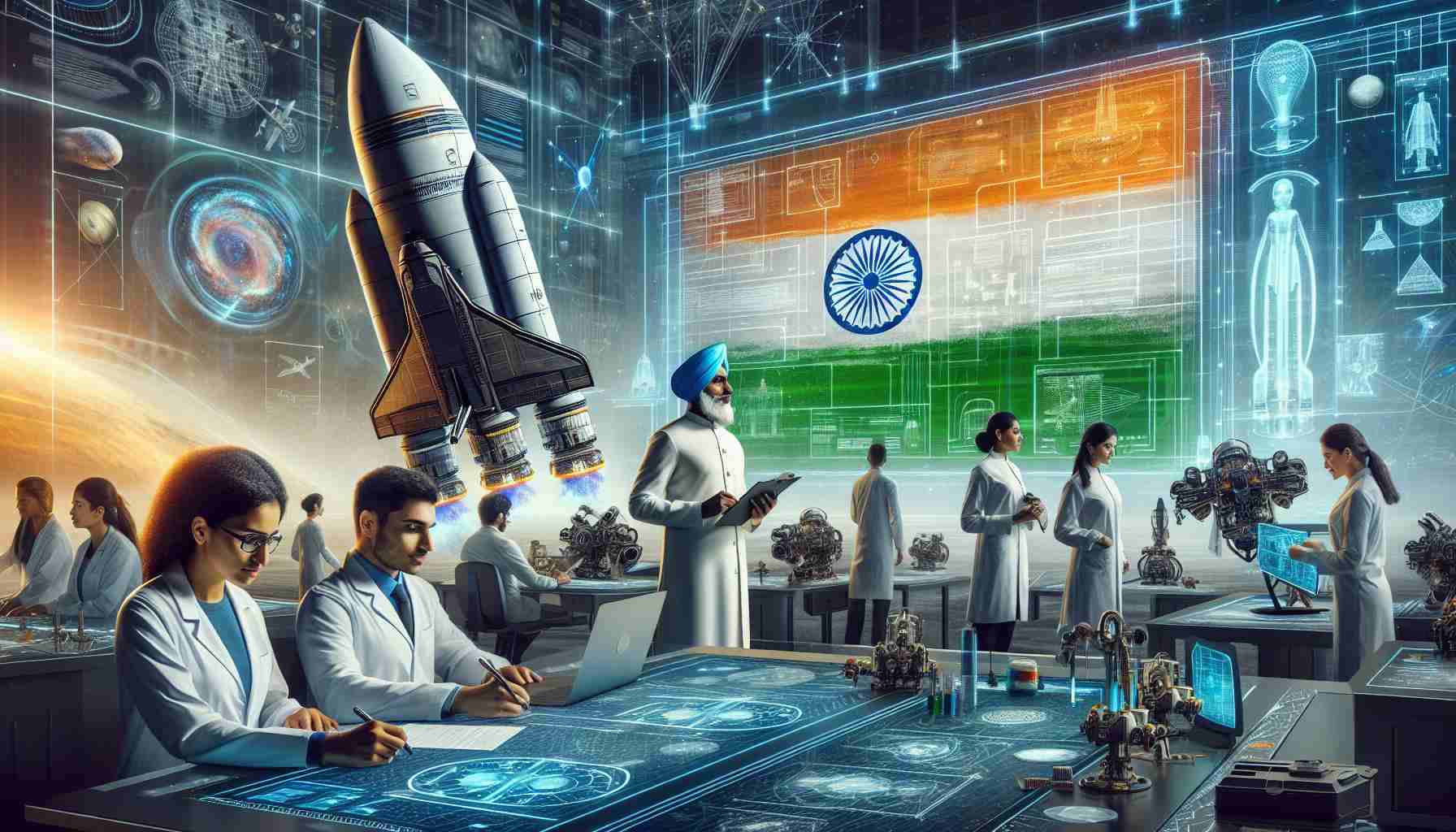 An ultra high-definition realistic image illustrating the concept of advancing space technology, centered around India's future endeavors. The image foreground should showcase scientists of diverse descents - Caucasian, Hispanic, Black, Middle-Eastern, South Asian - working on sophisticated equipment and blueprints. In the background, depict a conceptual spaceship that represents India's future aspirations in space exploration. Include the colors of the Indian flag - saffron, white, green, and navy blue - subtly in different elements of the image to signify the roots of the innovation.