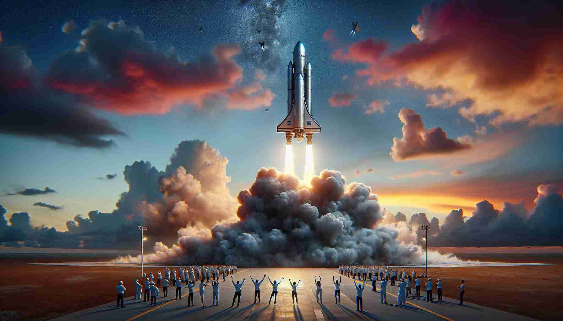 Realistic high-definition photo of a significant milestone in the development of a privately owned spaceship. The spaceship, inspired by contemporary space exploration vehicles, is depicted as successfully launching into the upper atmosphere, smoking and billowing as it propels upwards. The sky is a canvas of changing colors from the intense sunset, while scattered clouds paint a dramatic scene. On the ground, engineers and staff of diverse genders and descents are seen cheering and celebrating this achievement.