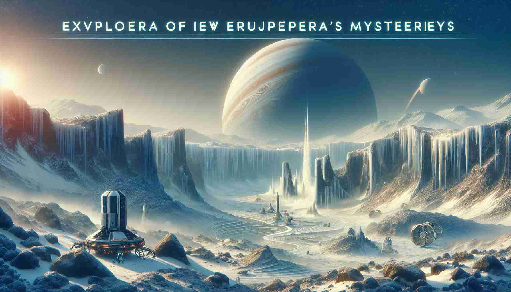 Create a high-definition, realistic image representing the exploration of Europa's mysteries. The scene should depict a new era of planetary discovery, focusing on the icy landscapes of Jupiter's moon Europa. Include details such as icy terrains, deep crevices, potentially geysers spewing water vapor, and futuristic space exploration equipment.