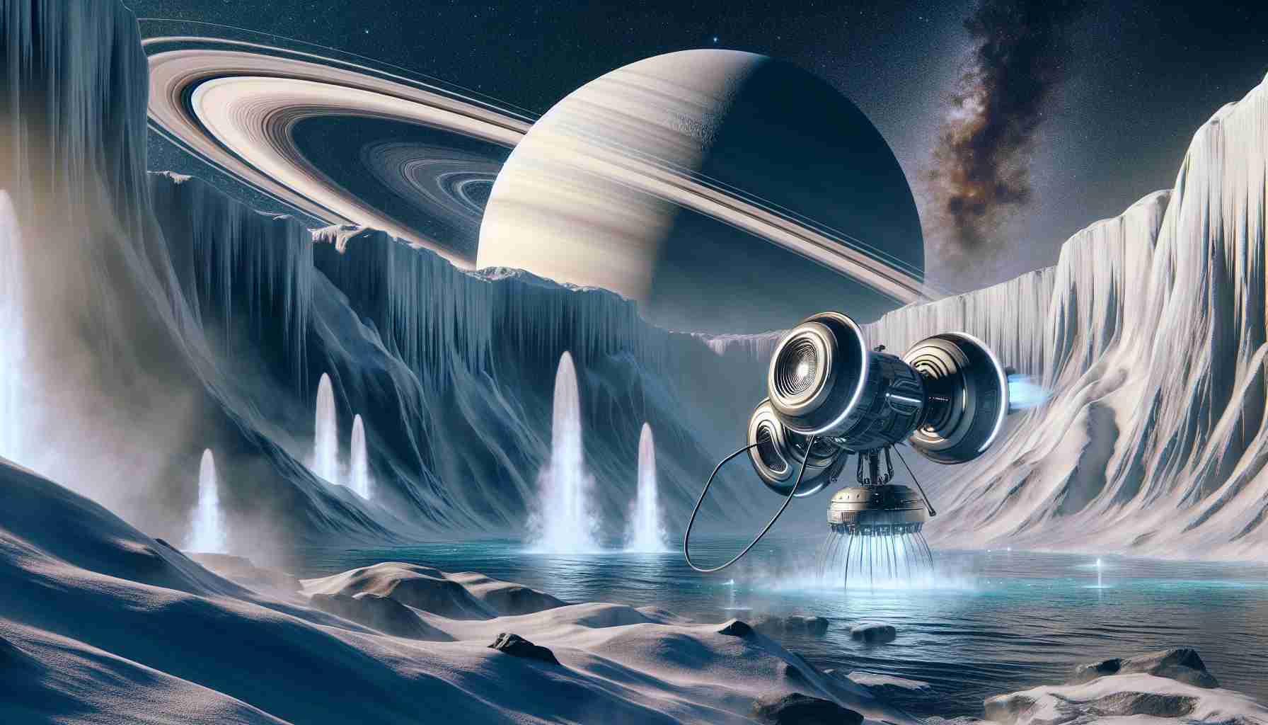 Create a realistic, high-definition image that visualizes the concept of exploring the depths of Enceladus, Saturn's moon. The scene should depict a futuristic spacecraft traversing the icy surface of Enceladus, with Saturn looming large in the background, its iconic rings visible. The spacecraft should be employing some sort of drilling mechanism to probe the depths below the icy crust of Enceladus. Around the scene, geysers of water vapor should be shooting up from the surface, implying the subsurface ocean that lies beneath.