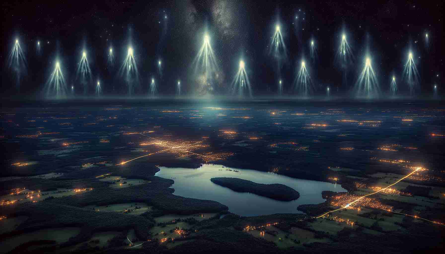 A high-definition, realistic image depicting an intriguing spectacle of mysterious lights illuminating the night sky over the picturesque landscape of Southern Ontario. The sky should be dark and full of stars, punctuated by these bewitching lights. Below, the diverse landscape of Southern Ontario stretches out, a mix of forests, lakes, and small towns, all under the spell of the nocturnal illumination.