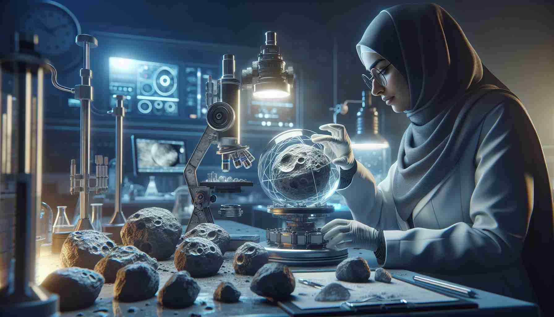 Create a realistic, high-definition illustration of a scientist analyzing moon rocks in a lab. The scientist, a Middle-Eastern woman, is carefully examining lunar gas trapped within the rocks using high-tech laboratory equipment. On a nearby table, there are more samples of these rocks, waiting to be analyzed. The mood in the lab is one of fascination and mystery, with the various scientific instruments casting an eerie glow all around.