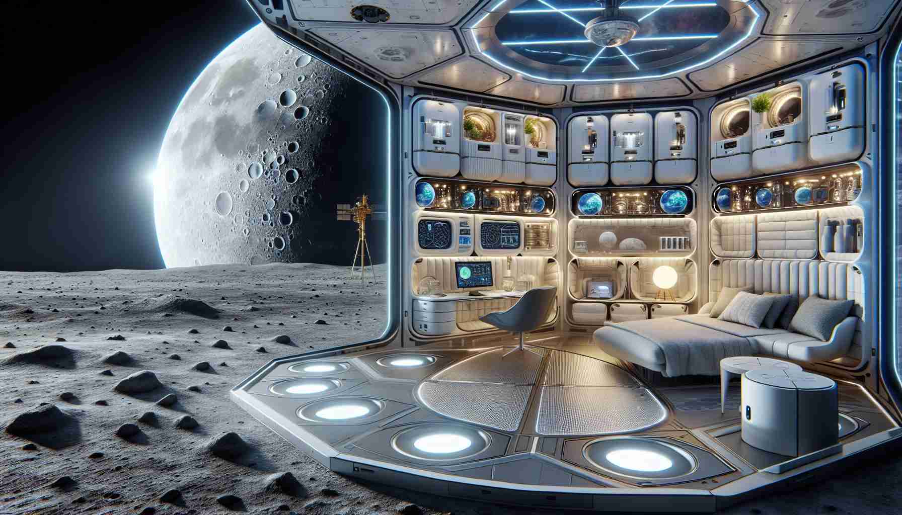 Create a High Definition, hyper-realistic image of a lunar living space designed for space exploration's new era. The living space should be rich in detail, showcasing the advancement in technology designed for survival and comfort in Lunar conditions. It should include various elements like high-tech equipment, sleeping quarters, areas for studying lunar samples, astral navigation tools, and a view looking out at the barren lunar surface.