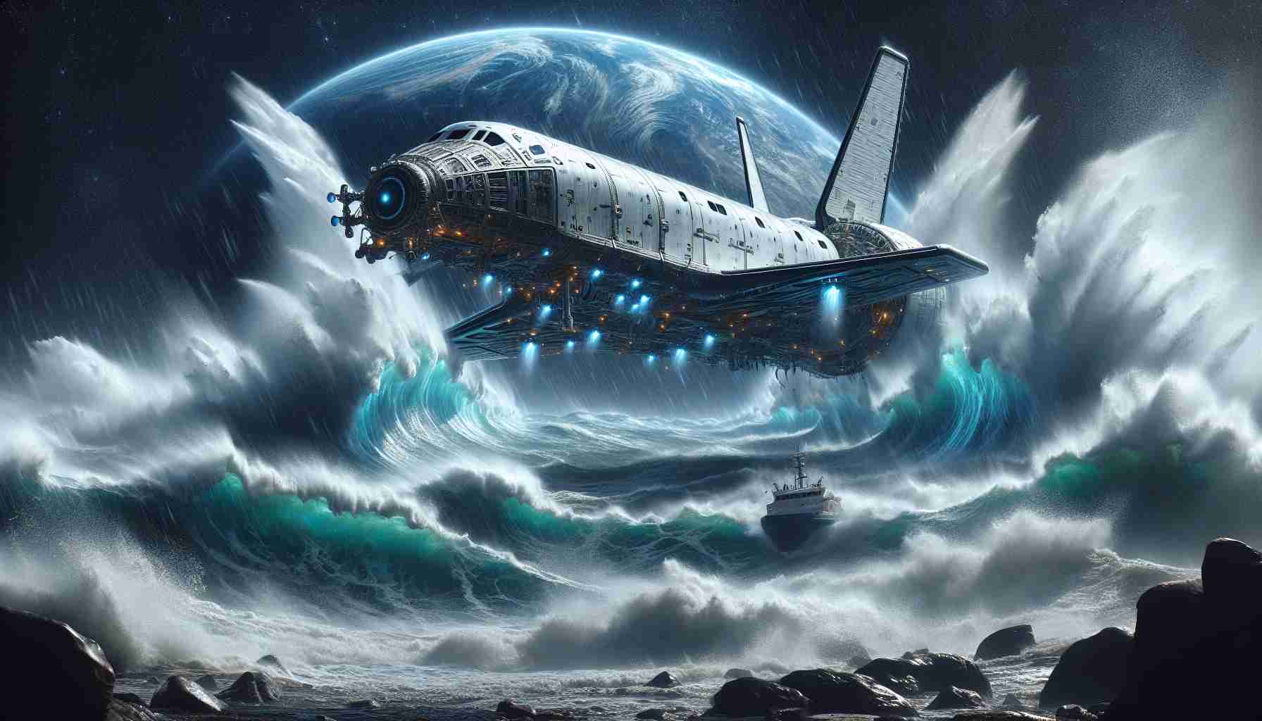 Create a hyper-realistic, high-definition image of a hypothetical scenario where a spaceship, meant to be an interpretation of commercial space vehicle designs, is battling against fierce, turbulent oceans on Earth. The spaceship should be depicted as bravely facing the challenging waves, using its advanced technology to navigate through the rough seas. Show the strength and resilience of modern engineering against the raw power of nature. Please avoid making the spaceship excessively similar to any specific real-world designs.