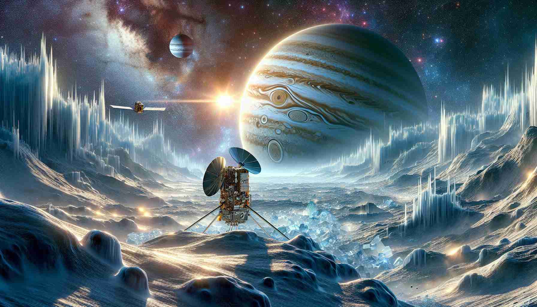 Create a realistic, high-definition image depicting NASA's mission exploring the depths of Europa, one of Jupiter's largest moons. The image should capture the essence of the space probe navigating through the icy surface of Europa in its endeavor to uncover hidden mysteries beyond Earth. Include dynamic elements such as the enigmatic icy surface of the moon, the distant view of Jupiter in the cosmic background, and the technological prowess of the space probe designed for this critical mission.