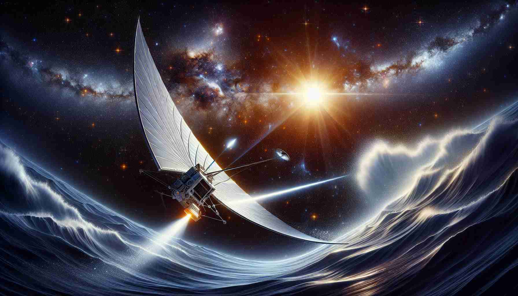 Imagine a high-definition, realistic image that portrays the concept of 'Exploring the Future: Solar Sailing Beyond Boundaries.' Picture this as a space scene with a high-tech solar sail spacecraft designed with cutting-edge technology. The craft is surfing the cosmic waves using the power of sunlight, advancing past the boundaries of our known solar system. The background is filled with stars, nebulae, and other celestial bodies reminiscent of deep space. A light beam from our sun aids the craft's propulsion, embodying the optimism of a bright renewable energy future in space exploration. The overall theme should reflect advancement, exploration, and a fearless leap into the unknown.