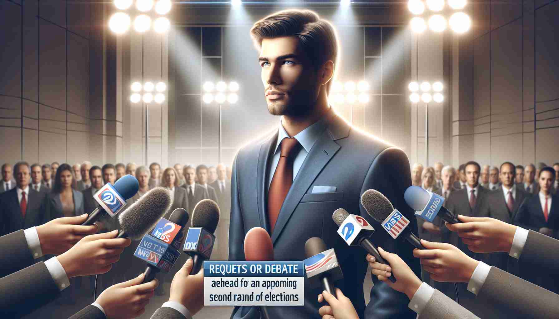 A digitally created image depicting a realistic scene of a male politician, who has a charismatic presence and professional attire, is requesting for a debate ahead of an upcoming second round of elections. The man is standing with determination and is portrayed under intense lighting. The room is filled with microphones from various media outlets, symbolizing his readiness to speak up and engage in constructive discourse. A wide variety of cultural representations are present in the media personnel. Emphasize the intensity, anticipation and importance of the upcoming event in the artwork.