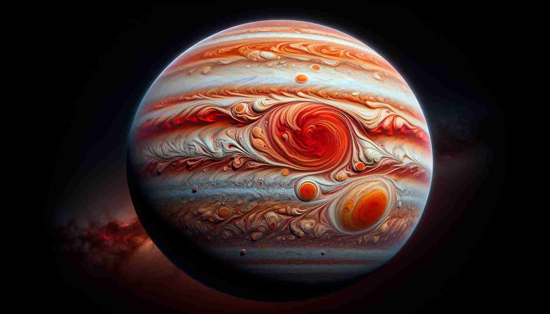 A highly detailed and realistic depiction of Jupiter's Great Red Spot. Vivid and intense, the monstrous storm rages ceaselessly, dwarfing Earth in size. This unfathomable celestial marvel intrigues with its tantalizing mysteries. Imagine the swirling bands of red and orange cloud formations at a scale that defies comprehension, all against the backdrop of Jupiter's majestic gas body. Note that it must reflect the characteristic appearance of this planetary phenomenon as seen through advanced astronomical observation equipment.