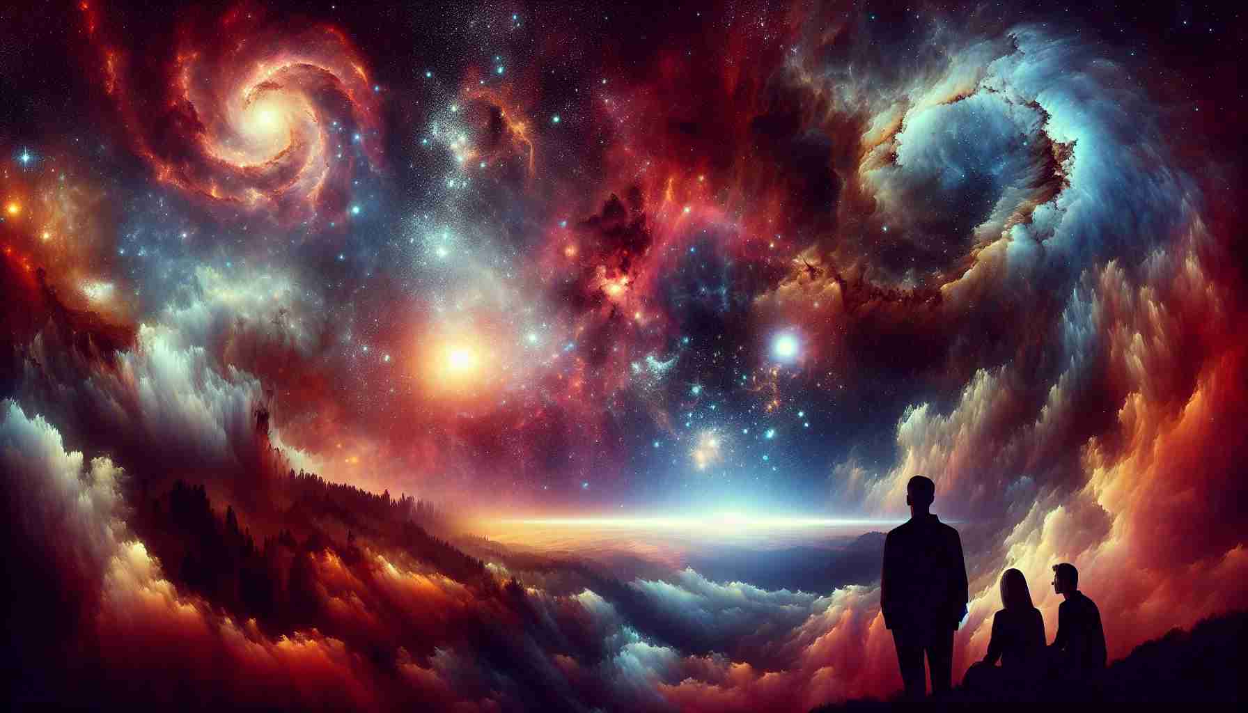 Create a high-definition, realistic image representing the concept of 'Exploring the Cosmic Symphony'. This should imply an individual or a group of people marvelling at a celestial scene, where galaxies, nebulae, and stars wax and wane, creating a symphony of cosmic patterns and colors. The sight should inspire exploration and reverence for the universe. While focusing on the beauty of the cosmos, also try to convey the vastness, complexity, and harmony of the universe as one might perceive in a symphony.