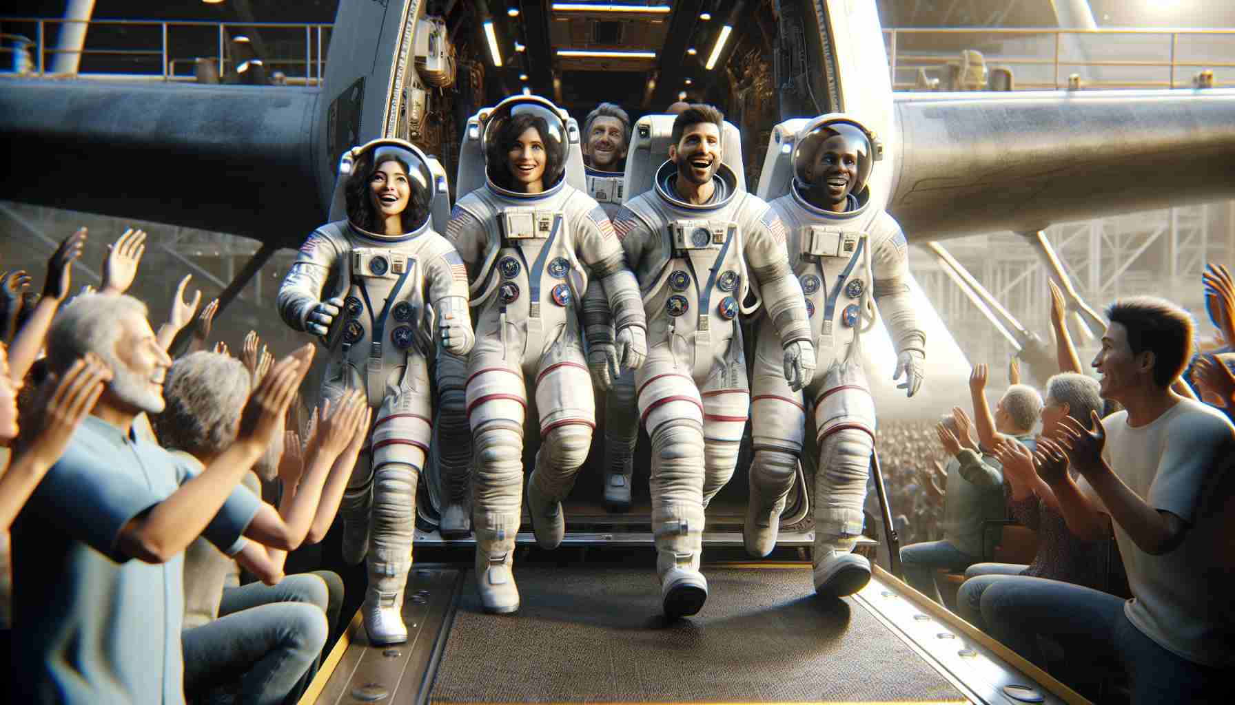 High definition, realistic representation of a crew of astronauts comprising of a Middle-Eastern female, a Caucasian male, and a Black male, successfully returning home. They are stepping out of the spacecraft, in their space suits, amidst the excitement and anticipation of a crowd gathered around. As they disembark, you can see happiness and relief on their faces, reflecting the triumph of a successful mission and the joy of being back home.