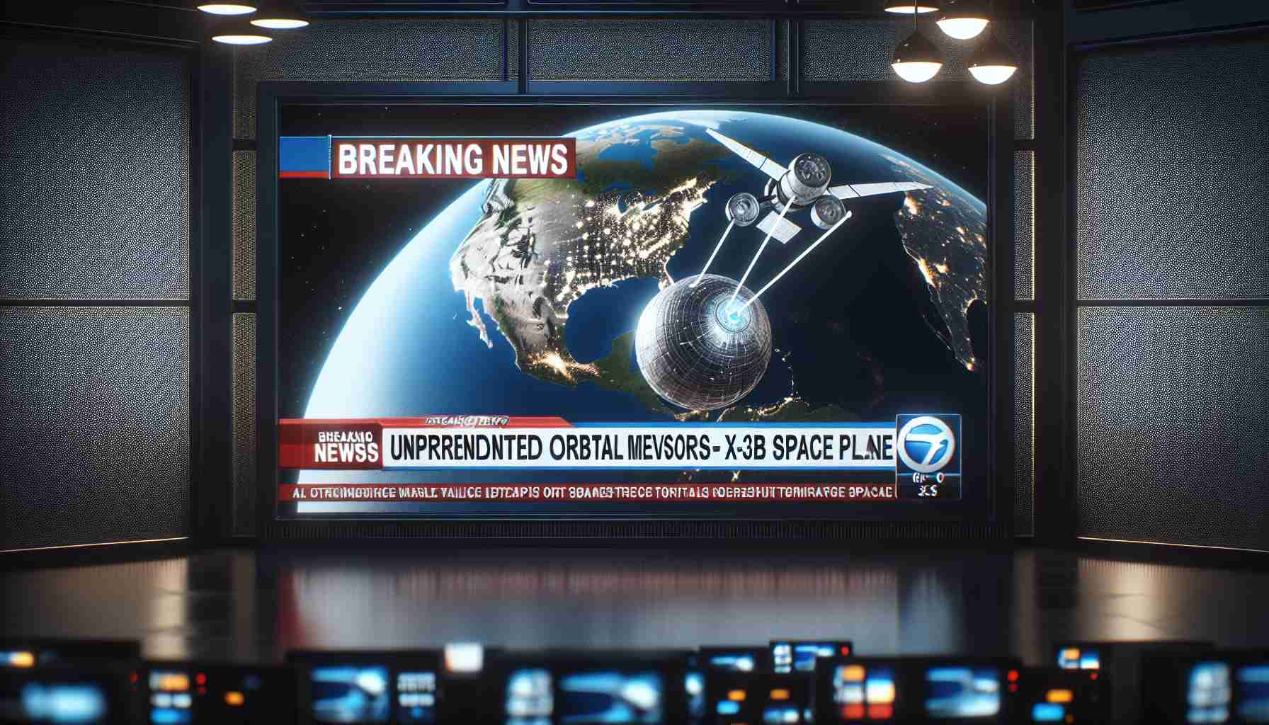 High-definition image of a news broadcast detailing 'Breaking News: Unprecedented Orbital Maneuvers of X-37B Space Plane'. Imagine the scene as realistic as possible, with the television screen displaying graphics of the X-37B in space making the maneuvers. Images of the globe can also be shown to put into perspective the path of the orbital maneuvers. The words 'Breaking News' are boldly positioned at the top, and 'Unprecedented Orbital Maneuvers of X-37B Space Plane' are scrolling at the bottom of the televison screen. The overall atmosphere created should be of captivating, significant space news.