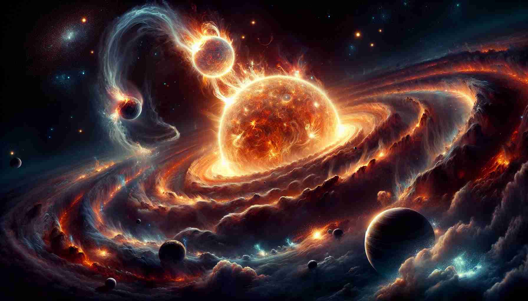 A high-definition, highly realistic image representing the origins of the solar system. The scene features the explosive birth of our sun, surrounded by a nebulous cloud of dust and gas. Planets are beginning to form from the swirling disk of materials spiraling around the fiery young star, hinting at the emergence of Earth and its fellow planets. Distant stars twinkle in the inky darkness beyond, illuminating this majestic scene of cosmic creation.