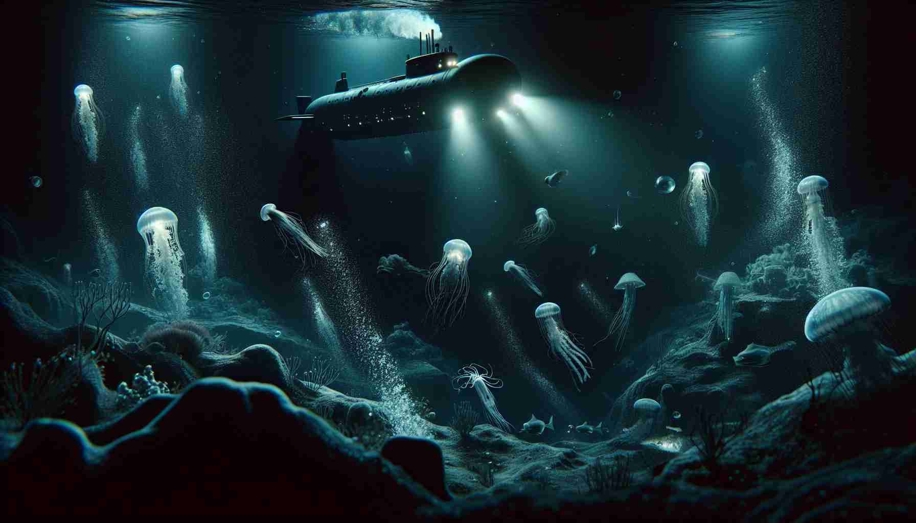 Realistic, high-definition image of a deep-sea exploration. Detail a submarine navigating through the pitch-dark ocean, illuminating the aquatic life with its powerful lights. Capture various species of deep-sea creatures, from the luminescent jellyfish to the giant squids, surrounded by the vastness of the ocean. Include the formations of the seabed, underwater mountains, and deep-sea trenches, with particles floating around. Show bubbles trailing behind the submarine, indicating its movement. Ensure the scene depicts the eerie yet awe-inspiring beauty of the deep sea.