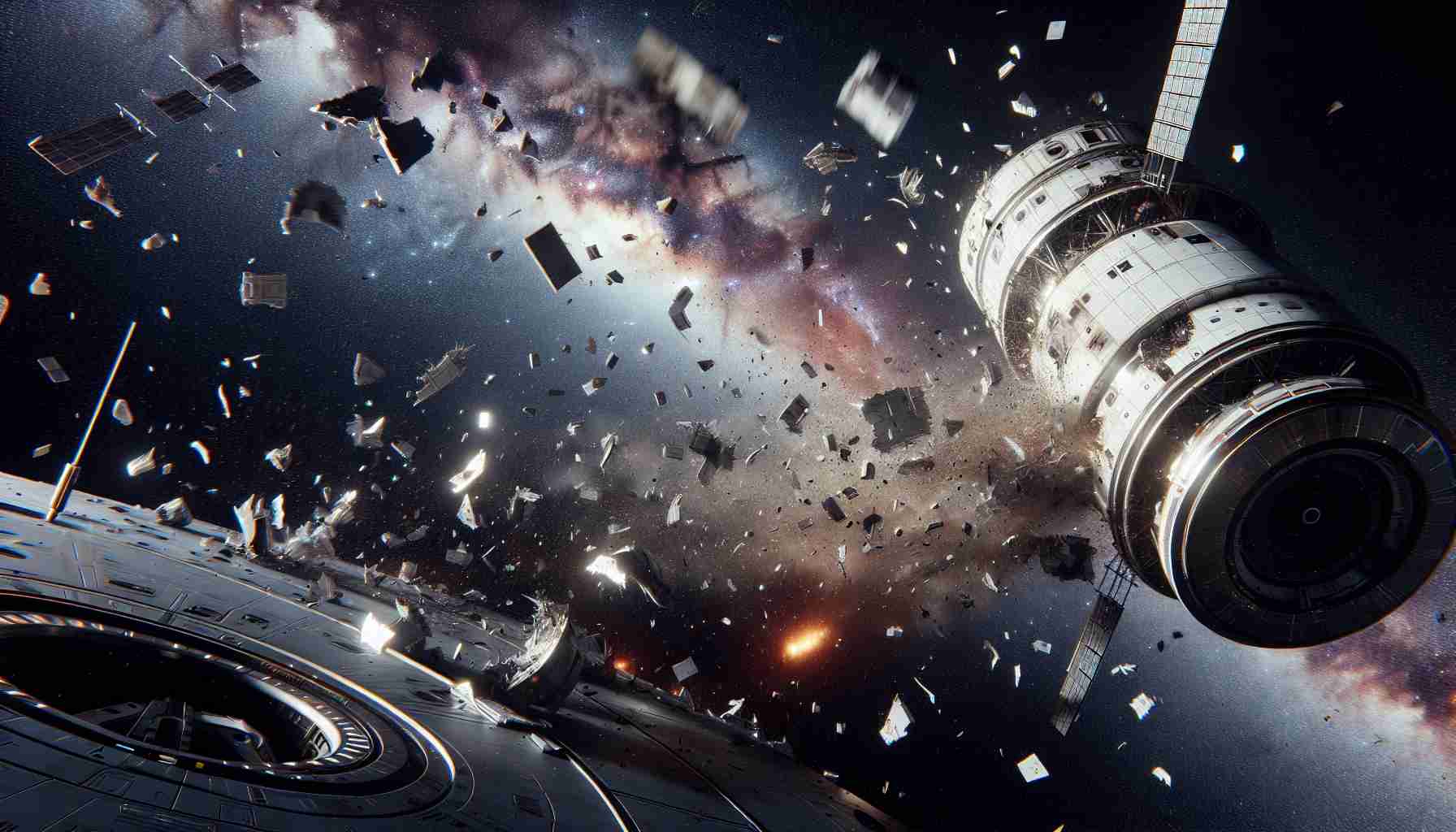 Create a high definition, realistic image depicting a scene in outer space where a malfunction has occurred in a spacecraft and it has resulted in pieces of debris scattering in all directions. The spacecraft can be seen in the foreground with notable damage, while fragments of the spaceship float around it against the backdrop of a starry sky and distant celestial bodies.