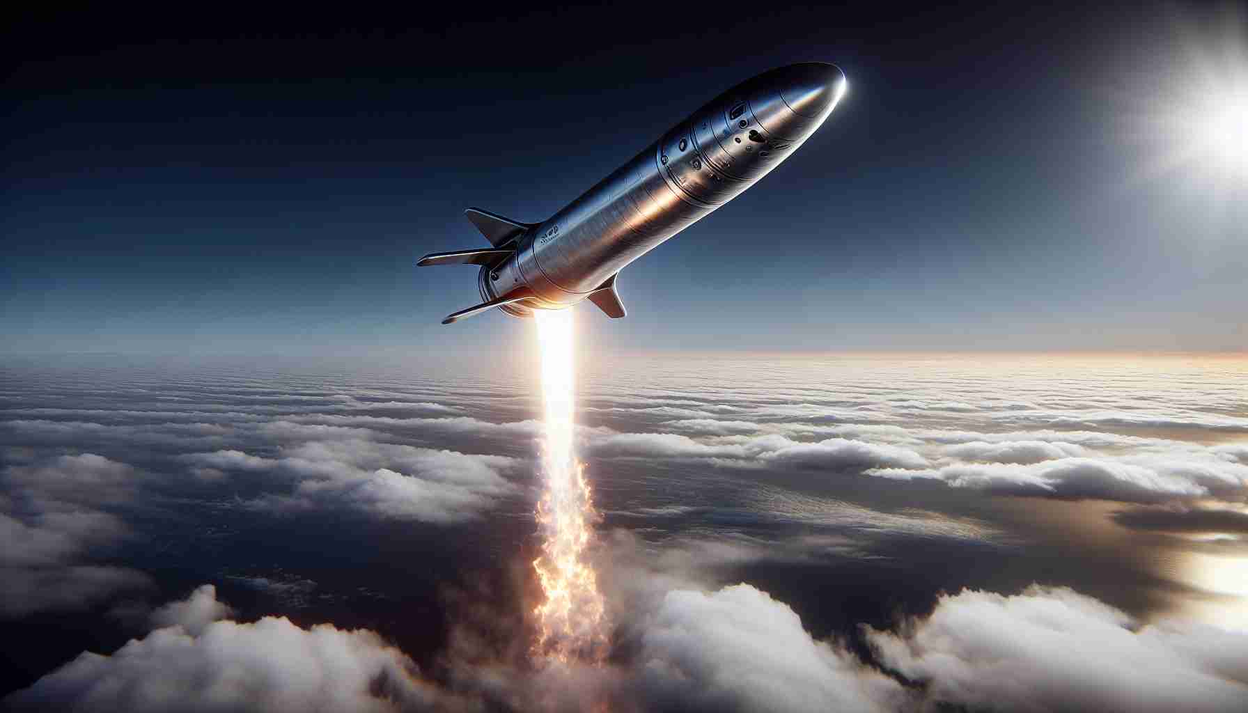 High-definition, photorealistic image of a pioneering test flight of a private company's innovative spaceship, as it ascends into the wide-open sky, symbolizing the promising future of cosmic travel. The spaceship is sleek and futuristic, made from a metallic compound, showcasing cutting-edge aerodynamics. It is followed by a fiery tail of emissions showcasing its immense power, soaring above the cloud line into the borderless expanse. The sky is clear with a few dispersing clouds, hinting the break of dawn as it was chosen for the flight. The sight heralds a new era in the exploration of the final frontier.