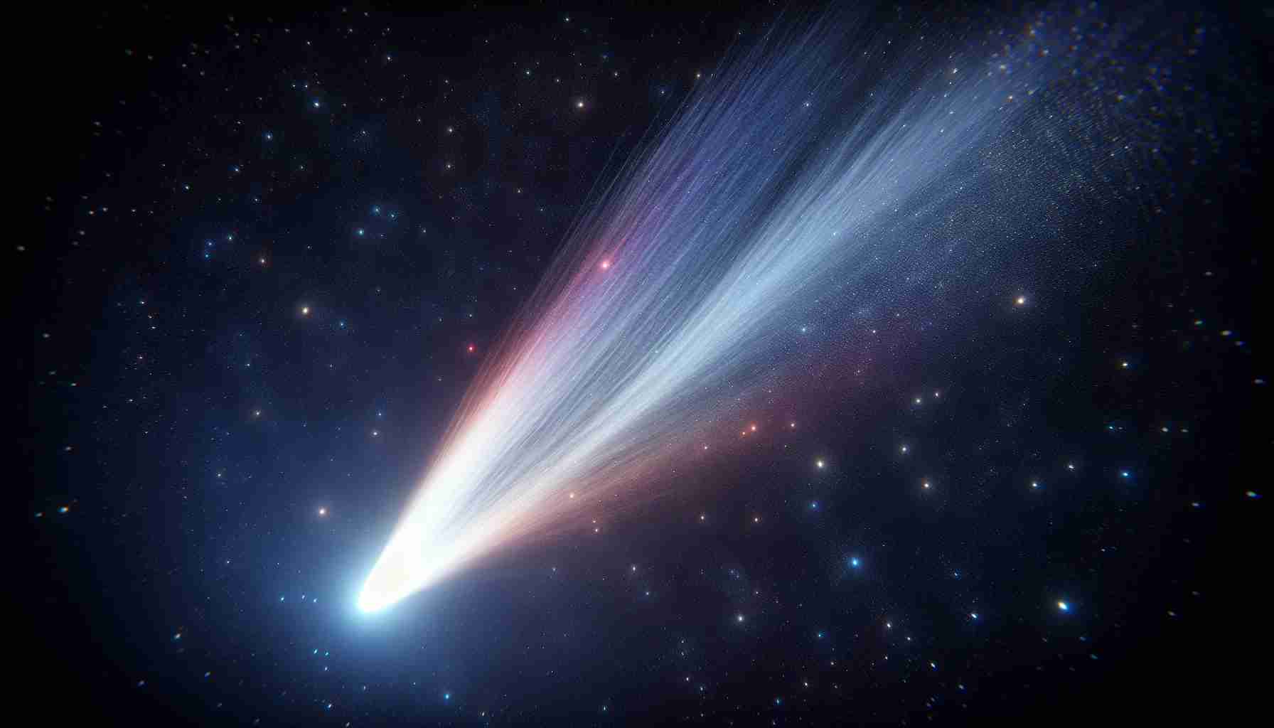 A realistic, high-definition image of a celestial event, specifically the discovery of Comet Aurora-Nimbus. This spectacular event can be seen in a star-studded, dark blue sky. The comet itself is a blinding white, trailed by a glowing tail that fan out in a spectrum of beautiful colors. A spectacle that truly represents a celestial delight.