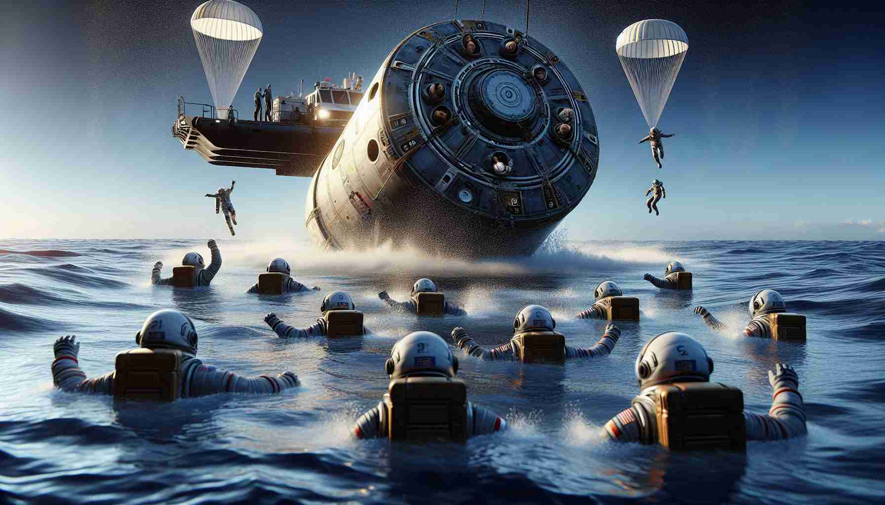 Generate a highly detailed and realistic image of a successful return of a crew of eight astronauts. The scene should show their capsule performing a splashdown in the ocean. The capsule is bobbing gently on the surface of the water with parachutes collapsing nearby. The crew, a diverse mix comprising four South Asian women, two Hispanic men, and two Caucasian men exhibit relief and happiness. An extraction team on a nearby vessel prepares to recover them. Capture the grandeur of this moment, signifying the successful completion of a space mission.