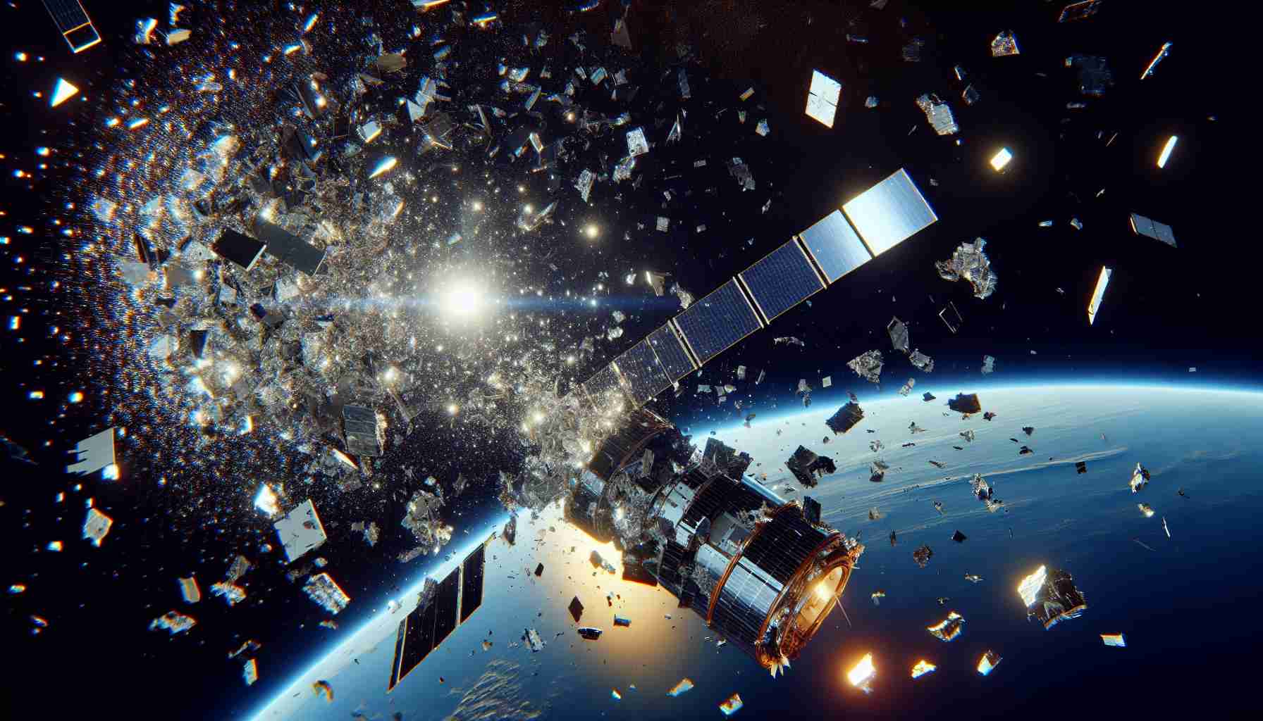 Generate an HD realistic image illustrating the scene of space debris posing a new threat after a satellite has broken apart. The scene should reveal fragments of the satellite scattered in outer space, some pieces reflecting sunlight and creating a spectacle of sparkles. Also, depict the Earth in the backdrop to show the proximity and potential danger posed by the debris.