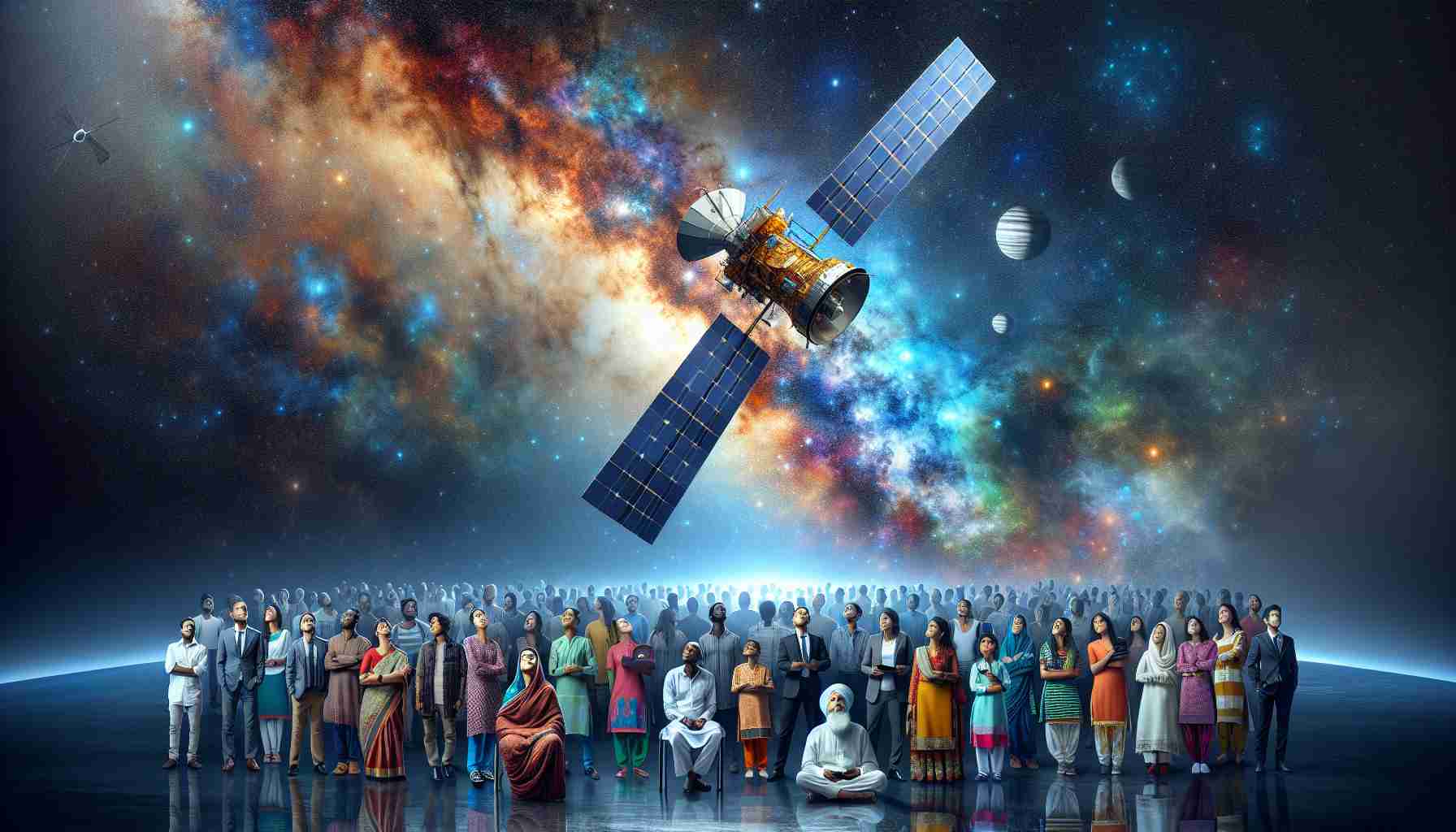 Generate a HD photo that depicts the concept of opening up new frontiers in India with satellite connectivity. The image should be modern and indicative of technological progress, showing a satellite, against the backdrop of the infinite starry sky. In the foreground, portray a diverse array of Indian citizens—male, female, young, elderly, of diverse professions and from different descents such as South Asian, Middle-Eastern and Black—looking up in awe and anticipation. Paint a picture of a digital India where satellite technology is accessible and is making a profound impact.