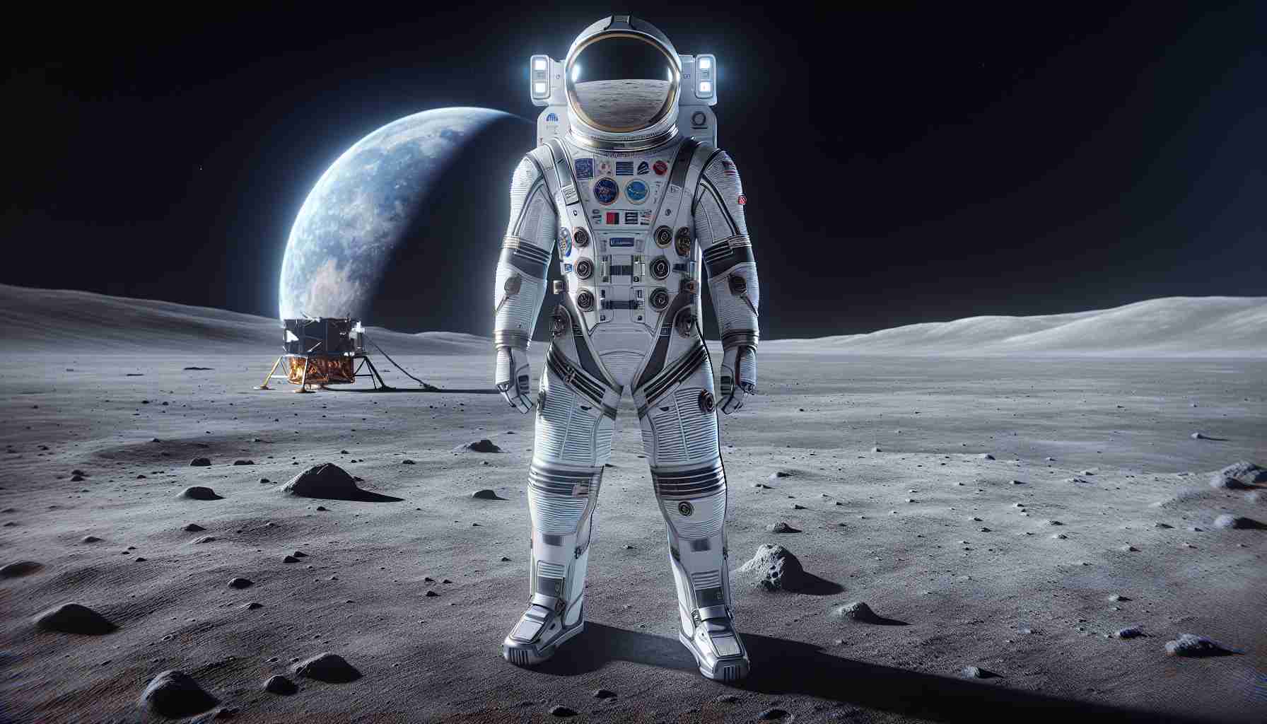 An HD realistic image showcasing a revolutionary spacesuit design intended for future lunar missions. The suit is characterized by advanced features that make it unique. It is well-equipped for extraterrestrial environments, particularly the harsh conditions of the moon. The suit is designed with a flexible material allowing for greater mobility, and a visor that can protect from solar radiation and enable a broad visual field. The color scheme includes shades of silver and white to reflect sunlight and reduce heat absorption. Additionally, it is adorned with patches indicating the mission's logo and international collaboration. The backdrop is a moonscape with a detailed representation of the moon's surface and distant view of Earth.