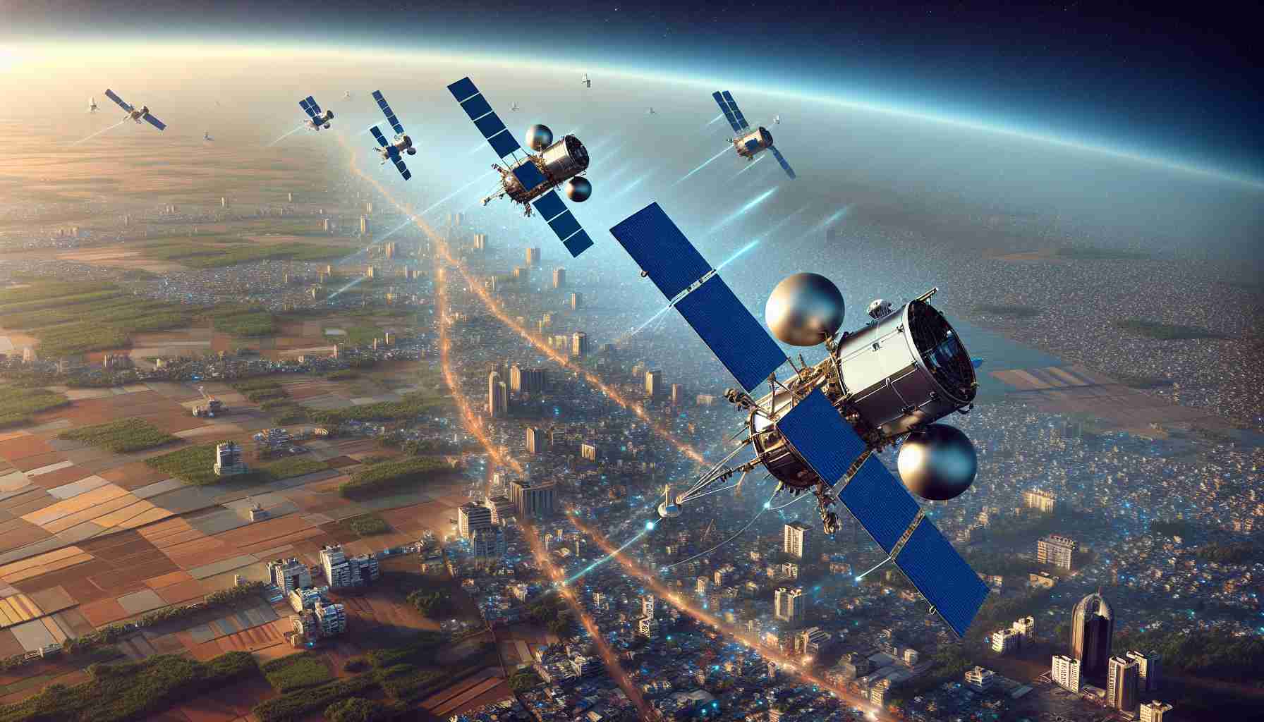 High-definition, realistic illustration of futuristic Starlink satellites sailing across a clear, azure Indian sky, casting minuscule shadows over bustling Indian cityscapes below. The scene emphasizes the imminent modernization of internet connectivity. Asserting the technological prowess of these satellites, they orbit in a highly dynamic formation, each unit is a sleek metallic structure equipped with solar panel wings gleaming with sunlight, hinting towards solar power. Beneath, an array of diverse Indian landscapes intertwine with urban and rural areas, from dense city buildings to vast agricultural lands, symbolizing the country's digital revolution.