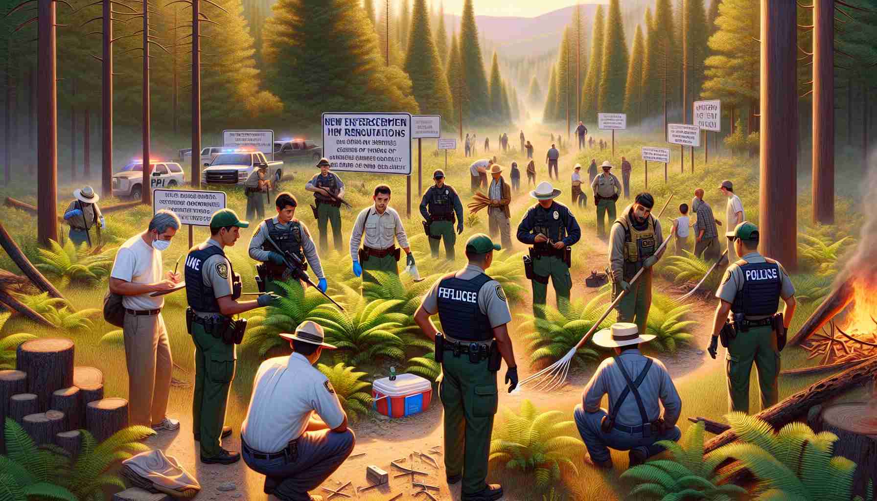 Generate a realistic, high-definition image illustrating the enforcement of new regulations following a forest fire incident. The scene may include law enforcement officers, perhaps Hispanic and Middle-Eastern in descent, community members, and nature conservationists in a forest area displaying cautiously restored flora after a significant wildfire. Signs indicating the new rules and regulations, teams vigilantly working to prevent a recurrence of such an incident, and an overall atmosphere of renewed dedication to forest preservation may also be present.