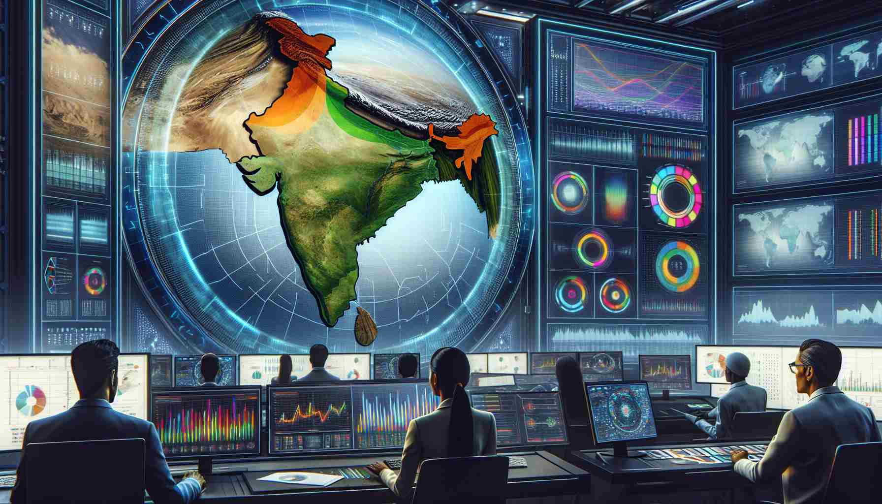 High definition, photorealistic image of a futuristic concept for satellite spectrum allocation in India. Visualize a detailed map of India with superimposed layers of vibrant color-coded bands representing various frequencies. Adjacent to the map, portray a sleek, modern control room with screens displaying charts and graphs related to spectrum allocation. Include a diverse group of professionals: a Caucasian woman analyzing the data, a South Asian man operating the controls, and a Black woman discussing the strategies.