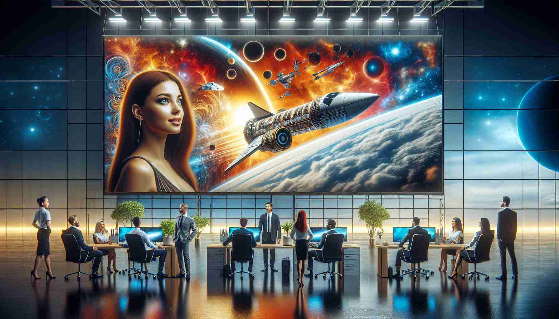 A high-definition, realistic image depicting the revolutionary transformation of the travel industry brought about by space-tourism. The foreground features an eye-catching poster of a spaceship bound for distant planets, while the background includes a cutting-edge travel agency office equipped with futuristic technology. The staff, a diverse mix of Caucasian and Hispanic men and women, are engaged in discussion with excited clients, illustrating enthusiastic participation in this groundbreaking journey to space.