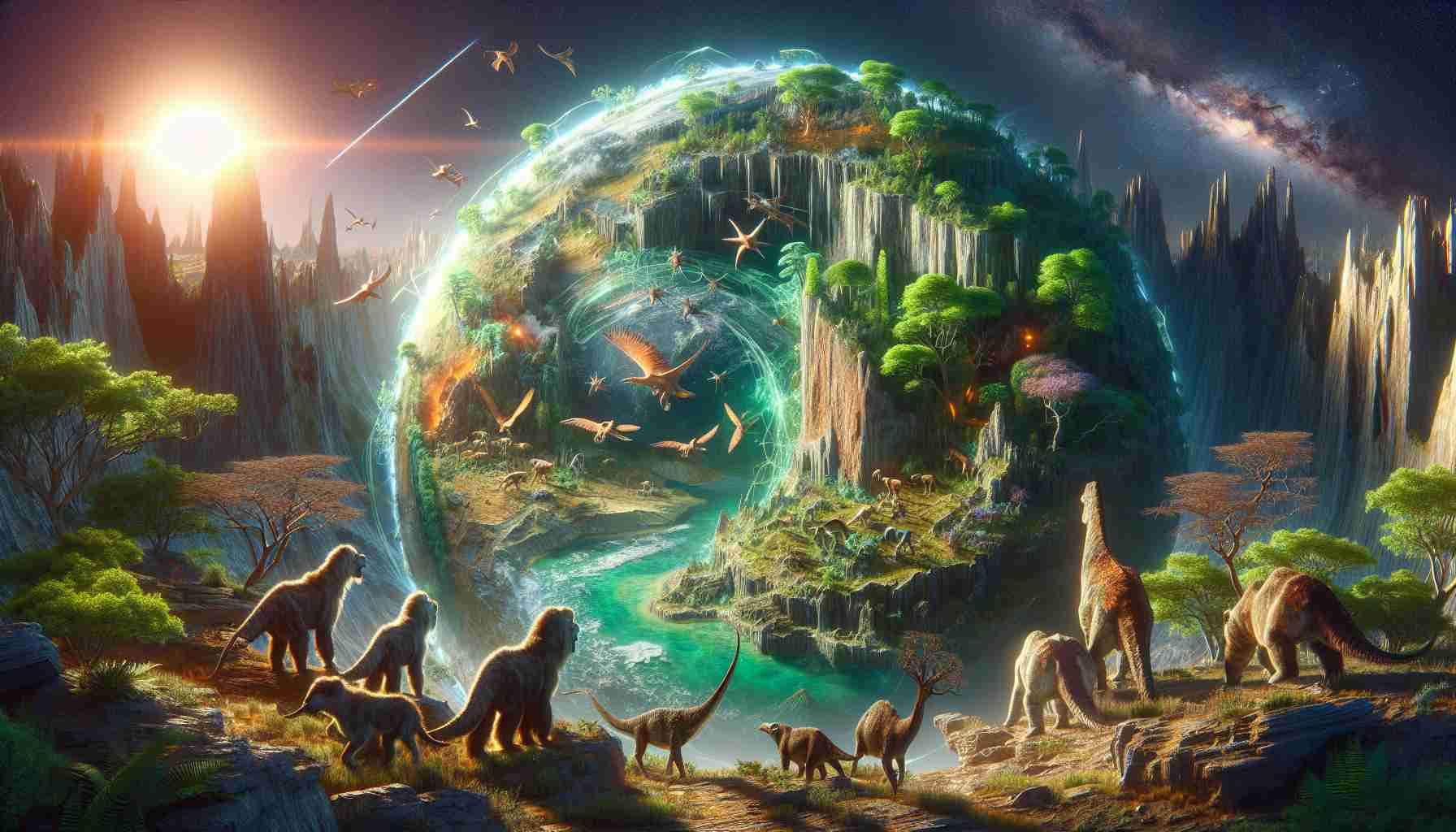 A high-definition, photorealistic image displaying the revelations about Earth's ancient past: with elements such as ancient foliage, prehistoric animals, and geological formations that indicate the transformation over millions of years.