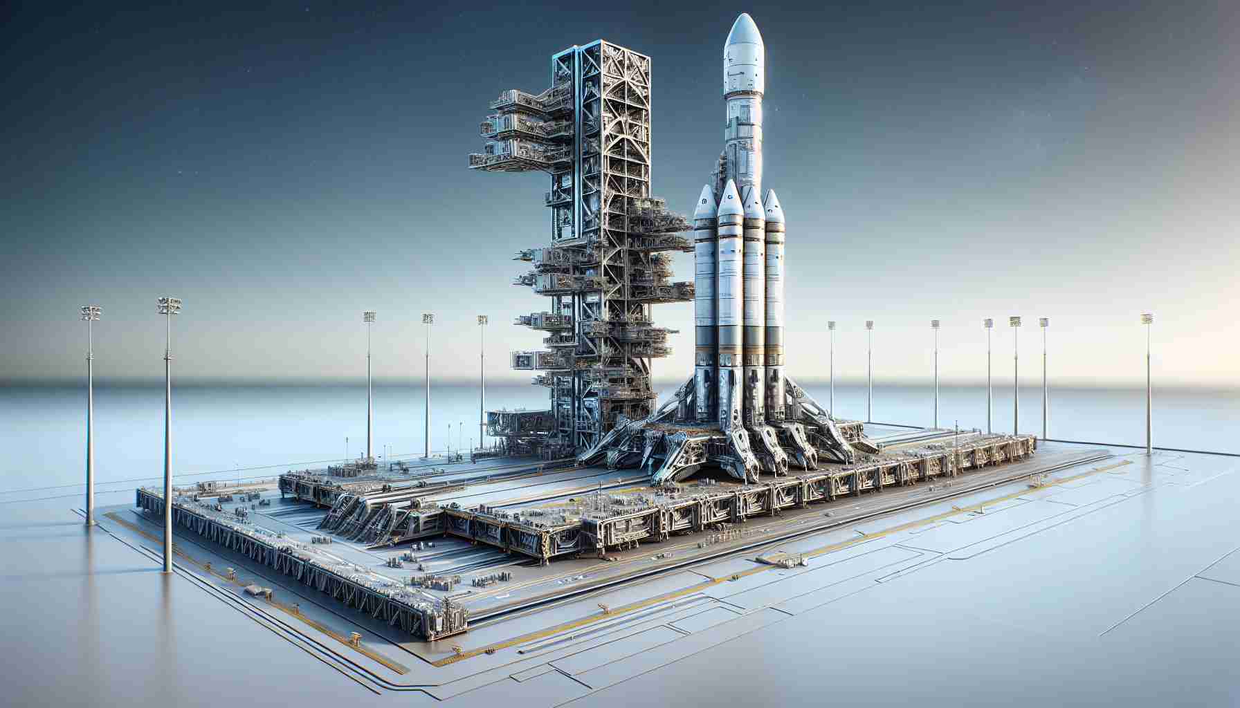 A detailed, high-definition realistic image of an advanced, innovative space launch system developed by a major space exploration company. The design should incorporate cutting-edge technology, representing a revolutionary step forward in space exploration capability. The launch system stands ready on a launching pad, under a clear sky. The image also includes a side view of the launch system, showing the intricate details of its design and construction.