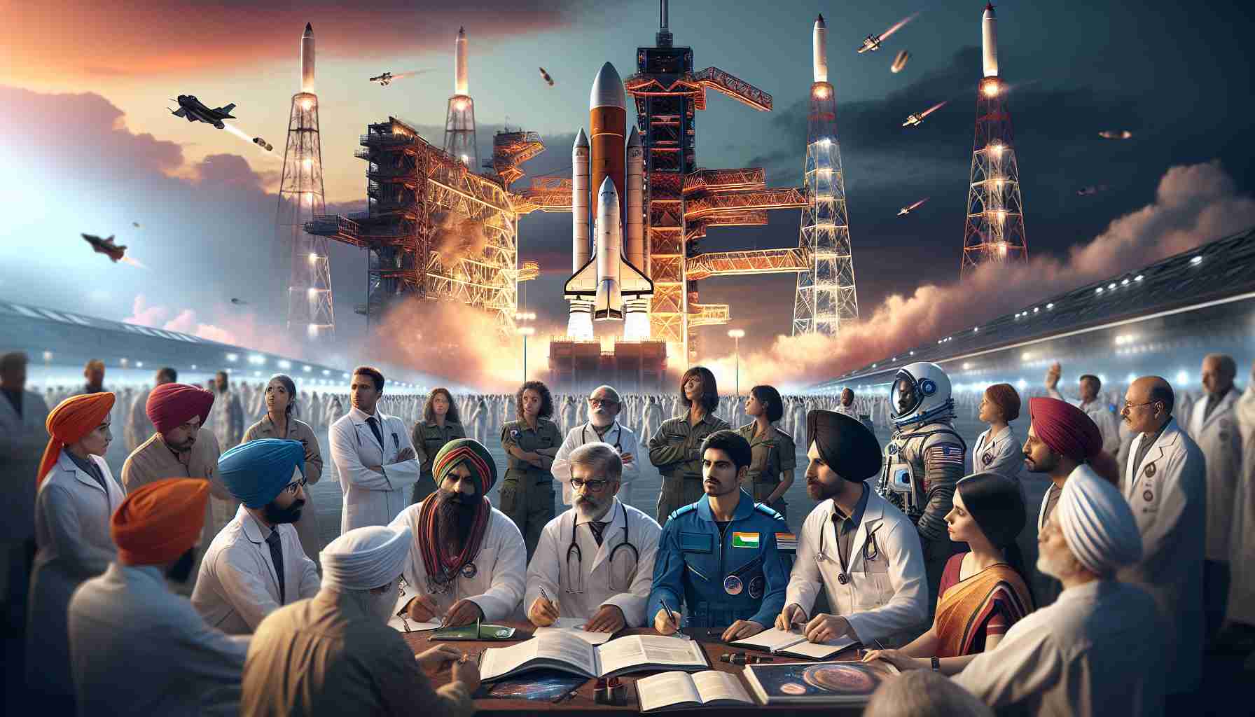 Visualize an ambitious program being launched by India to revolutionize its space sector. The scene features intense moments of preparation and launch, with scientists and engineers of both genders and diverse descents including Hispanic, Middle-Eastern, and South Asian, fully geared in their uniforms. The background showcases a rocket ready for launch on an advanced spaceport, with dramatic hues in the twilight sky. Please depict this imagery in an HD, realistic style.