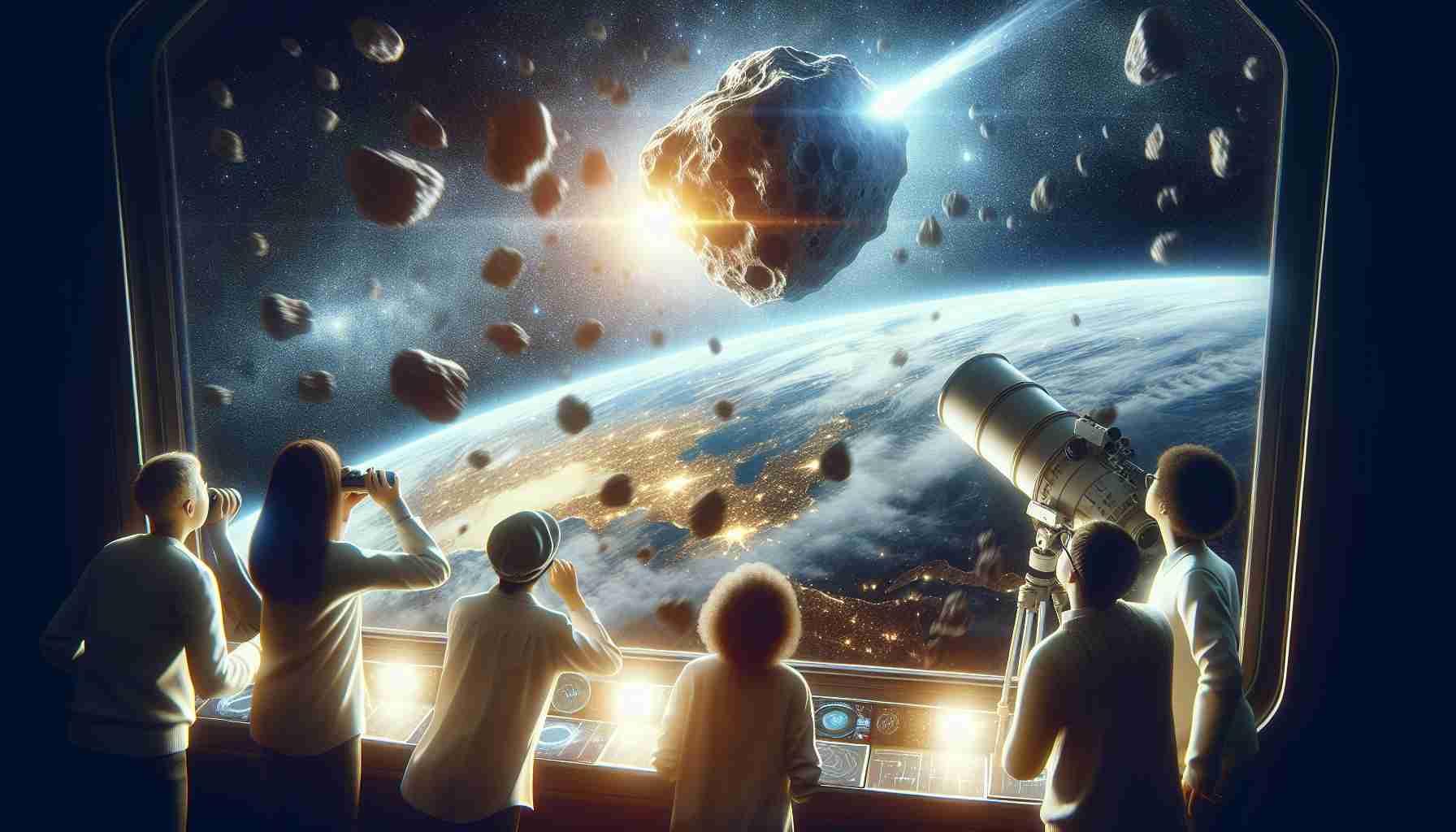 Create a realistic, high-definition image of a moment in astronomy where a group of scientists have recently identified a new, bus-sized asteroid. It's passing safely by Earth, causing no alarm or worry. They're studying the asteroid with their equipment, their faces lit up in awe and excitement.