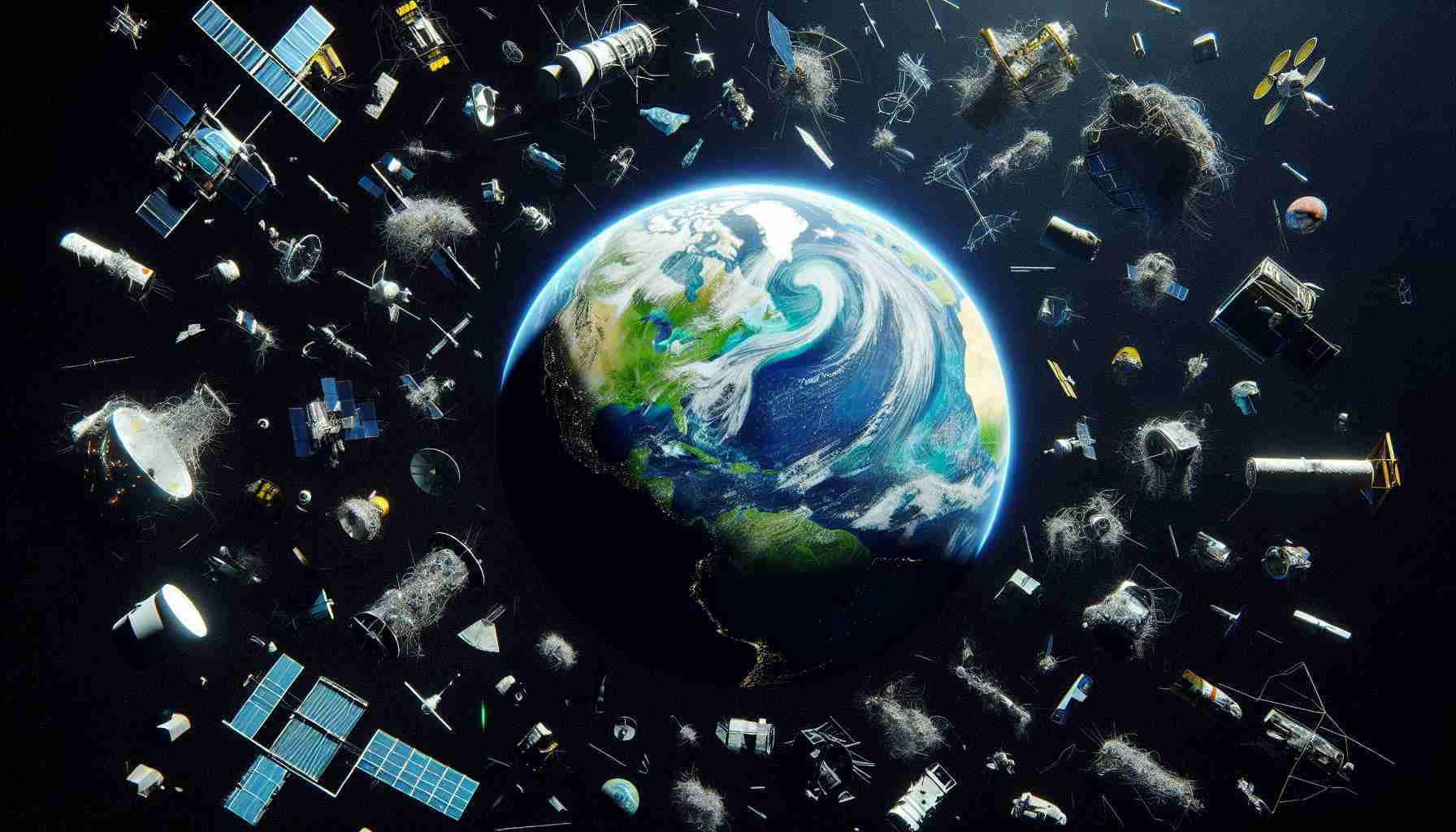 Create a hyper-realistic, high-definition image showcasing various pieces of space debris, like defunct satellites, spent rocket stages, and fragments from disintegration, erosion, and collisions, causing difficulties in Earth's orbit. Illustrate the Earth in the bottom part of the image, glowing with its distinctive blue and green hues against the contrasting darkness of space. Around the planet, visualize the space garbage crisscrossing paths, serving as a significant reminder of the challenges we face in preserving our orbital environment.