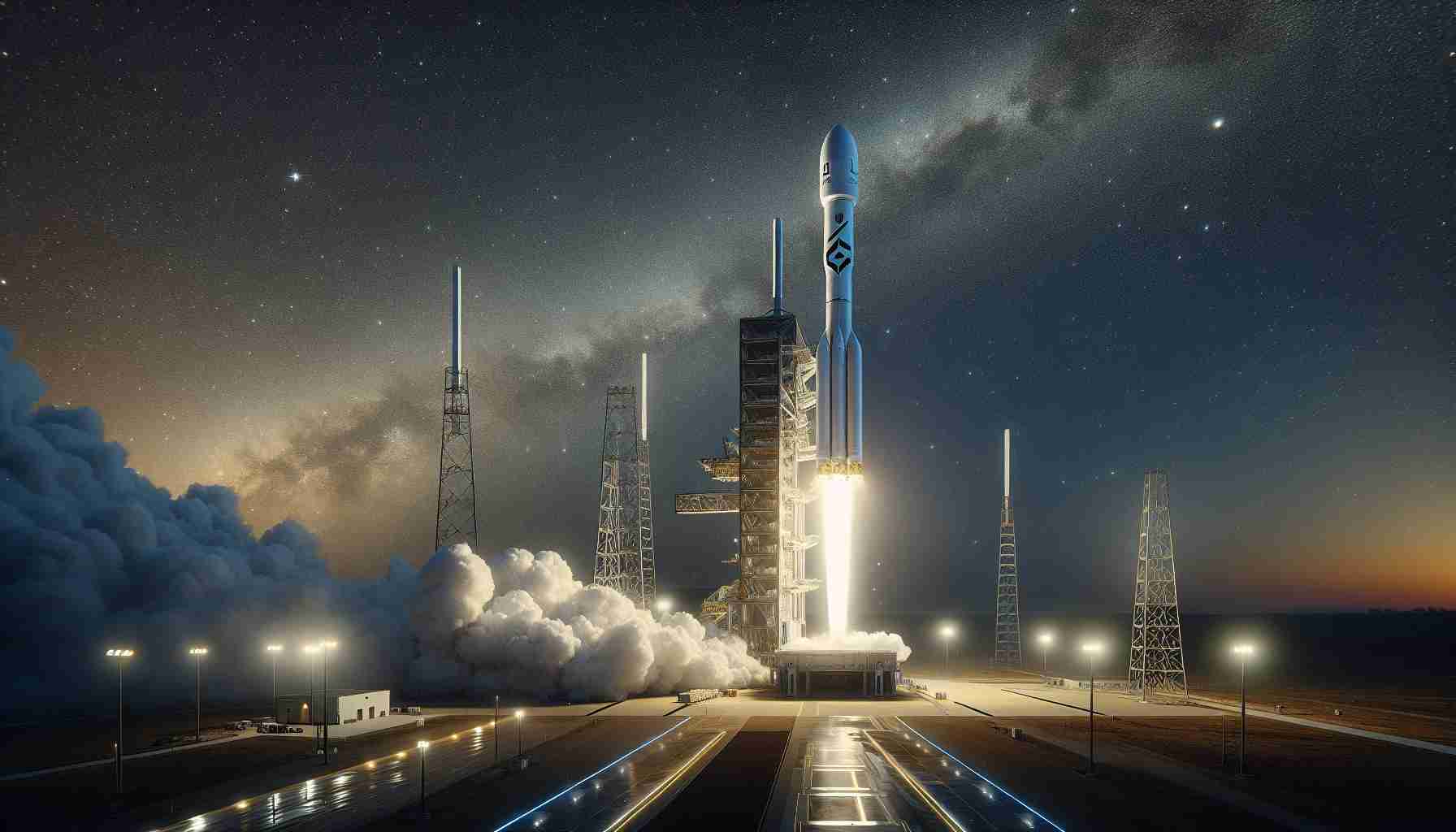 An HD photo depicting a revolutionary event in space technology: a private company is launching a state-of-the-art satellite fleet. The sky is a dark, clear night, dotted with stars, while the launch pad is illuminated brightly, revealing a sleek and modern rocket. The craft is white, emblazoned with the logo of the company - a stylized 'X' - set to catapult an array of innovative communication satellites into orbit. In the background, the control tower stands tall ready to monitor the event. This landmark event signifies a massive leap towards groundbreaking communication solutions.