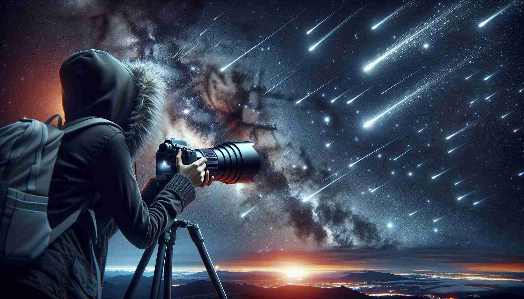 Reality-like, high-definition image depicting the magic of photographing meteor showers. The scene should encompass a Caucasian female photographer, braced in the chilly night air, her camera mounted on a tripod and pointed towards the vast night sky. A glorious display of meteors streaking across the sky can be seen in her camera's viewer, a spectacle of shooting stars framed against a canvas of constellations and galaxies with the Earth's landscape dimly lit in the foreground.