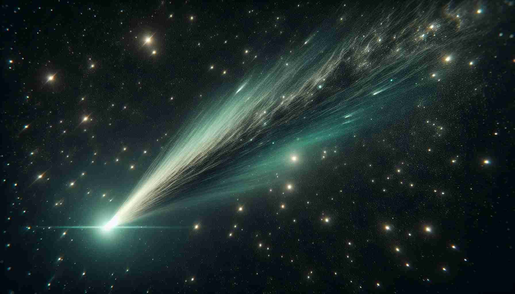 A highly detailed, realistic image showcasing the discovery of the mysterious Comet C/2023 Tsuchinshan-ATLAS. Imagine a crisp, star-studded night sky, the stars twinkling like tiny diamonds against an inky backdrop. Dominating the scene is the comet itself, a celestial marvel streaking across space; it emanates a beautiful emerald green glow with a tail consisting of dust and gas streaking out behind it, leaving a dazzling trail. The majestic beauty of this cosmic event is breath-taking and provokes a sense of awe and wonder.