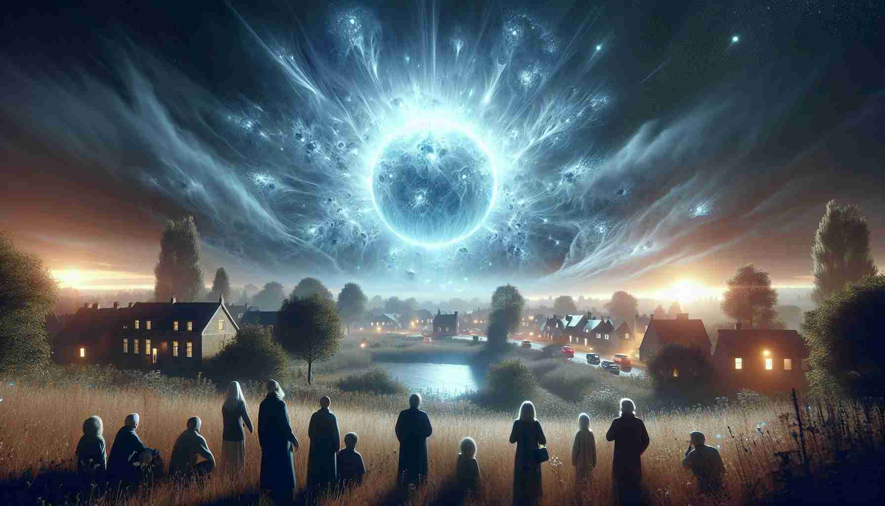 Create a high-definition, realistic image of a mysterious celestial event seen in a location like Halewood that has left the local inhabitants intrigued and fascinated. The scene should include perplexed citizens viewing the spectacular event.