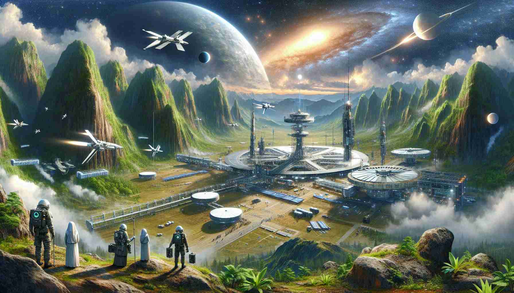 Illustrate a high-definition, realistic scene that depicts the revolution of space exploration occurring in the highlands. Picture a vast, rocky terrain elevated above sea level, lush with greenery in the foreground. In the middle ground, an impressive, futuristic space station built with advanced technologies is visible. Various unmanned spacecrafts are also present, some docked at the station, others parting or approaching. In the background, the cosmos reveal themselves dominated by a brilliant celestial body. Important figures like Space scientists, both a Middle-Eastern male and a Black female, are busy with their tasks, symbolizing the future of space exploration.