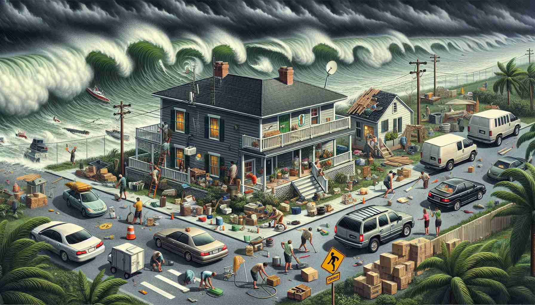 Detailed image of the scene where preparations are being made as a tropical storm is approaching. Dark ominous clouds suggest the impending arrival of the storm. You can see locals of mixed descents and genders barricading windows, securing outdoor furniture, and clearing drains. A few people are stocking up on supplies, getting into cars. Road signs show the way to safe shelters. There are satellite dishes on rooftops pointing towards the sky, receiving updates on the storm progress. Waves at the nearby coast start to form choppy white crests, displaying nature's power.